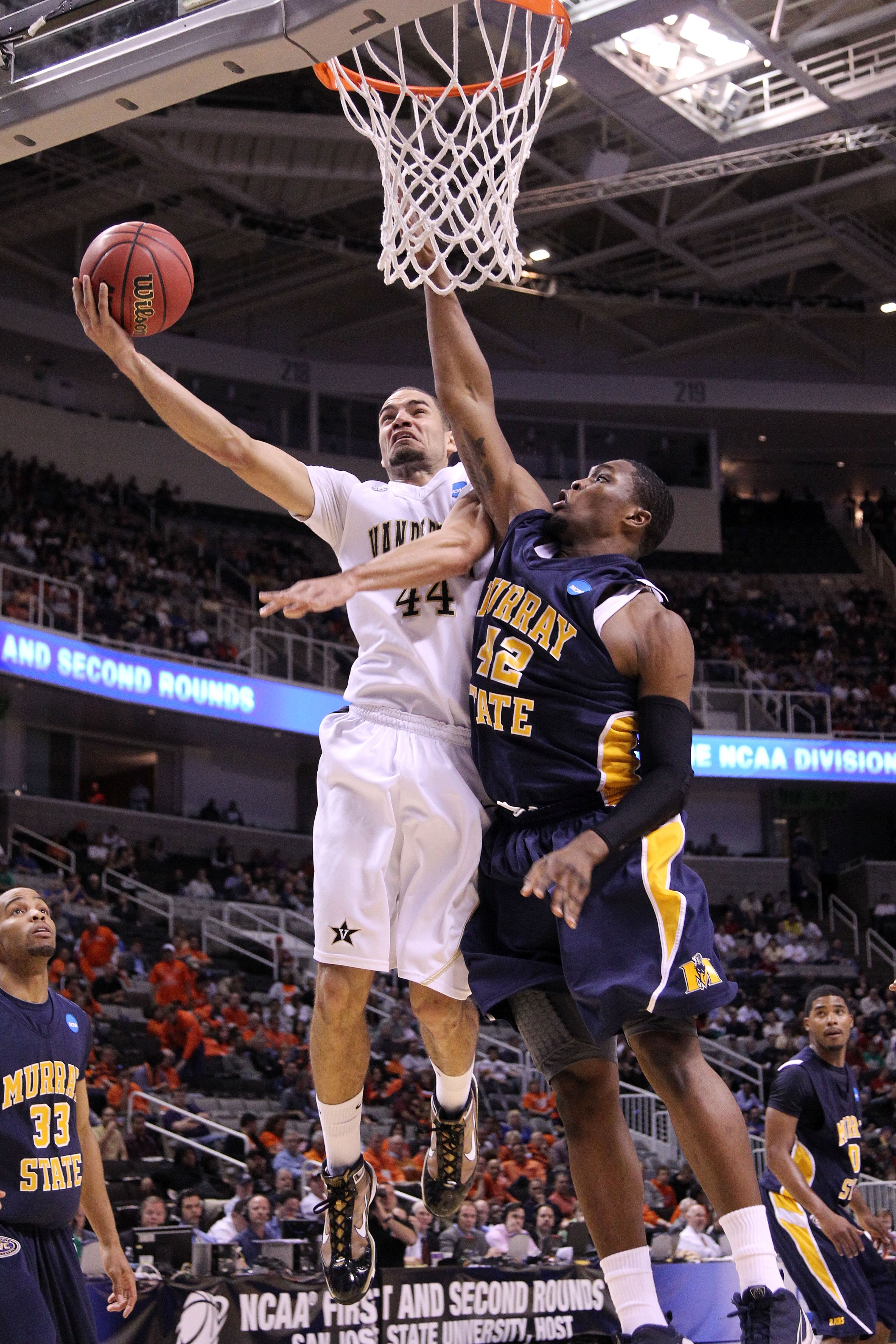 SAN JOSE, CA - MARCH 18:  Forward Jeffery Taylor #44 of the Vanderbilt Commodores goes up for a shot against forward Ivan Aska #42 of the Murray State Racers during the first round of the 2010 NCAA menï¿½s basketball tournament at HP Pavilion on March 18, 2
