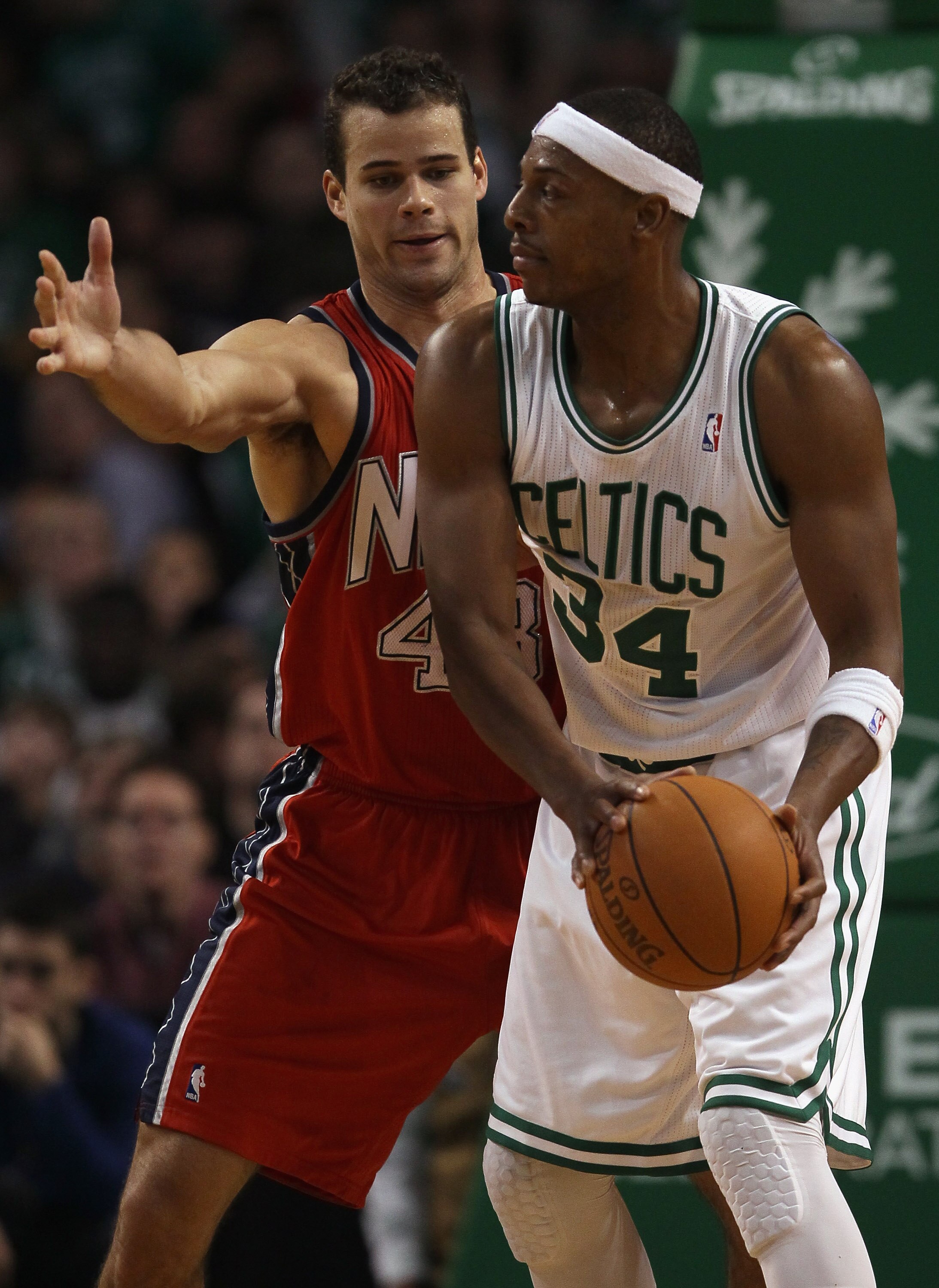 BOSTON - NOVEMBER 24:  Paul Pierce #34 of the Boston Celtics tries to get around Kris Humphries #43 of the New Jersey Nets on November 24, 2010 at the TD Garden in Boston, Massachusetts. The Celtics defeated the nets 89-83. NOTE TO USER: User expressly ac