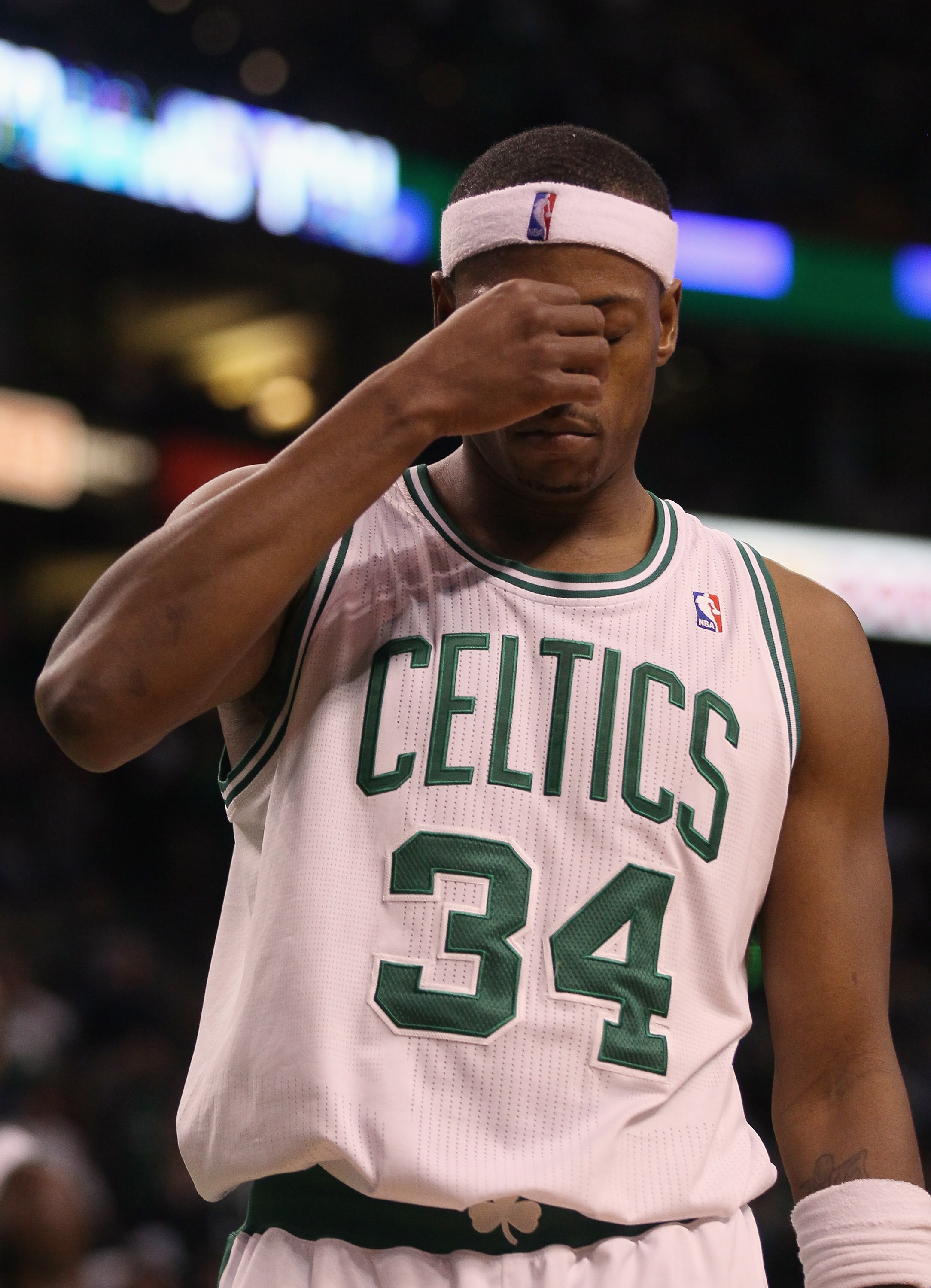 BOSTON - NOVEMBER 24:  Paul Pierce #34 of the Boston Celtics reacts in the fourth quarter against the New Jersey Nets on November 24, 2010 at the TD Garden in Boston, Massachusetts. The Celtics defeated the nets 89-83. NOTE TO USER: User expressly acknowl