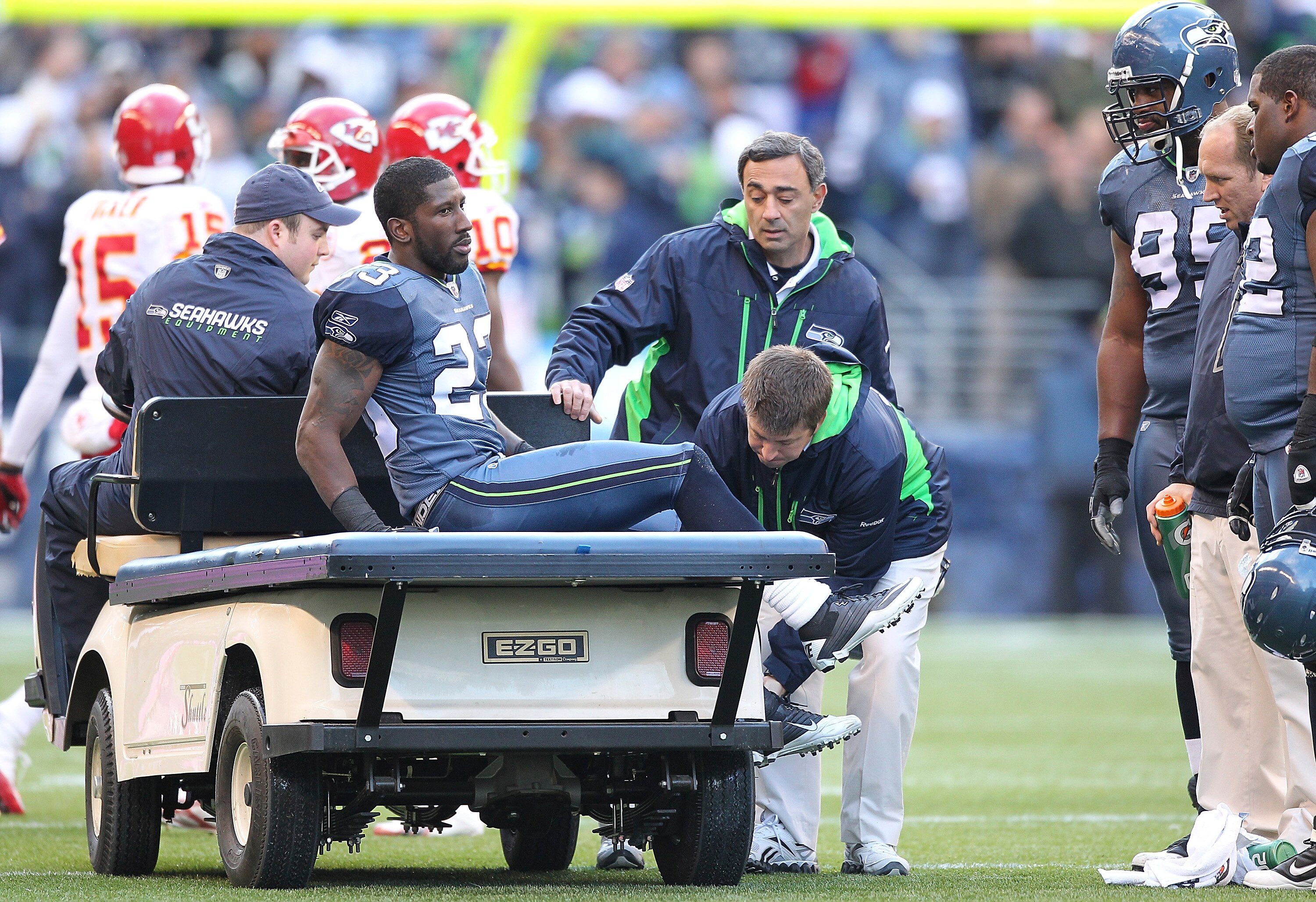 SEATTLE - NOVEMBER 28:  Cornerback Marcus Trufant #23 of the Seattle Seahawks is taken off the field as the result of an injury against the Kansas City Chiefs at Qwest Field on November 28, 2010 in Seattle, Washington. The Chiefs defeated the Seahawks 42-