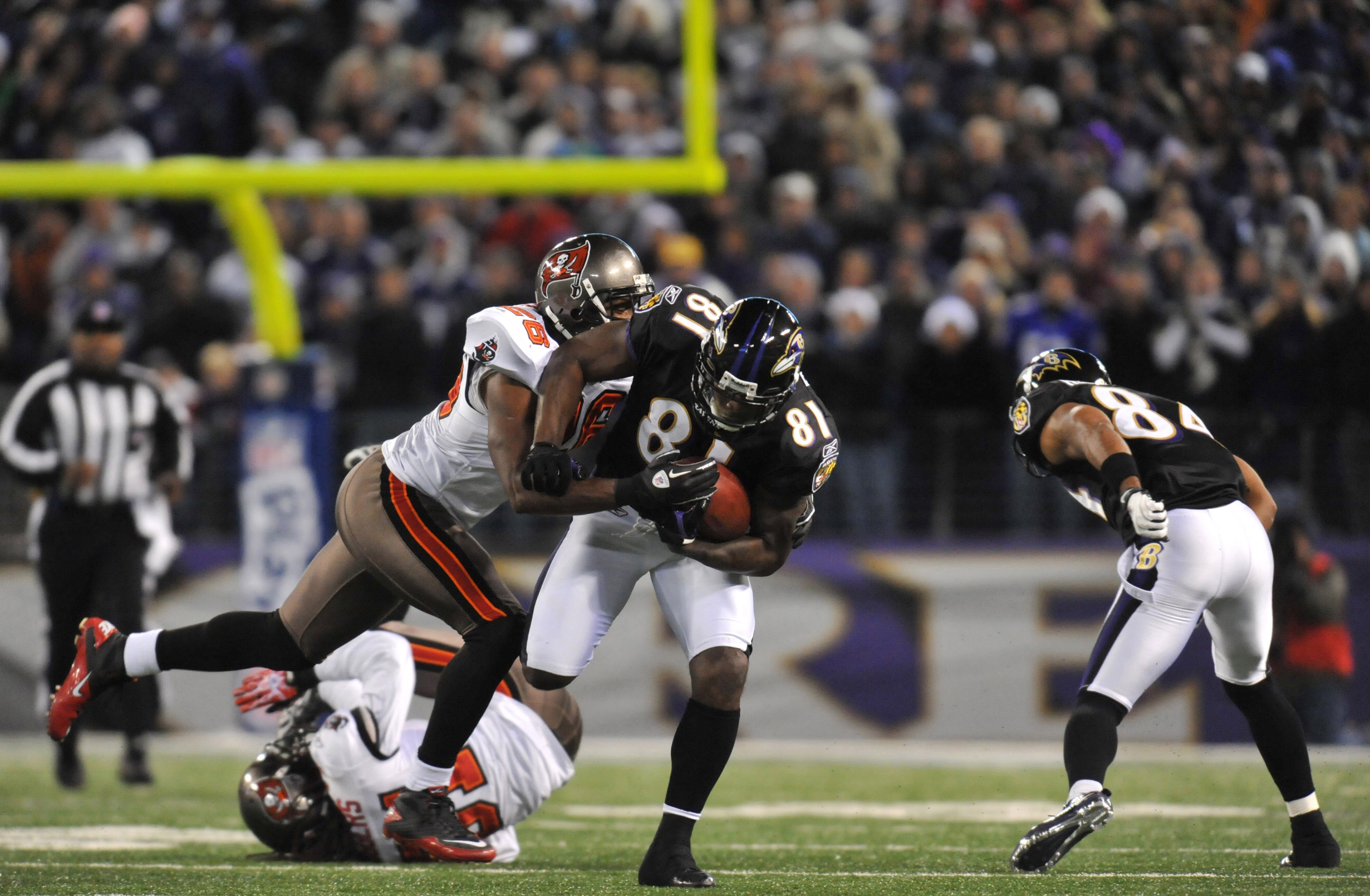 BALTIMORE, MD - NOVEMBER 28:  Anquan Boldin #81 of the Baltimore Ravens runs the ball against the Tampa Bay Buccaneers at M&T Bank Stadium on November 28, 2010 in Baltimore, Maryland. The Ravens defeated the Buccaneers 17-10. (Photo by Larry French/Getty 