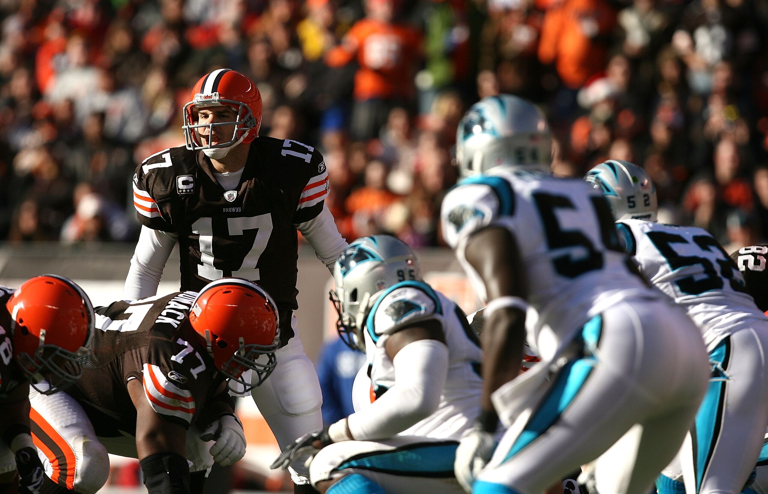 CLEVELAND - NOVEMBER 28: Quarterback Jake Delhomme #17 of the Cleveland Browns calls a play against the Carolina Panthers at Cleveland Browns Stadium on November 28, 2010 in Cleveland, Ohio. (Photo by Matt Sullivan/Getty Images) CLEVELAND - NOVEMBER 28: Quarterback Jake Delhomme #17 of the Cleveland Browns calls a play against the Carolina Panthers at Cleveland Browns Stadium on November 28, 2010 in Cleveland, Ohio. (Photo by Matt Sullivan/Getty Images)