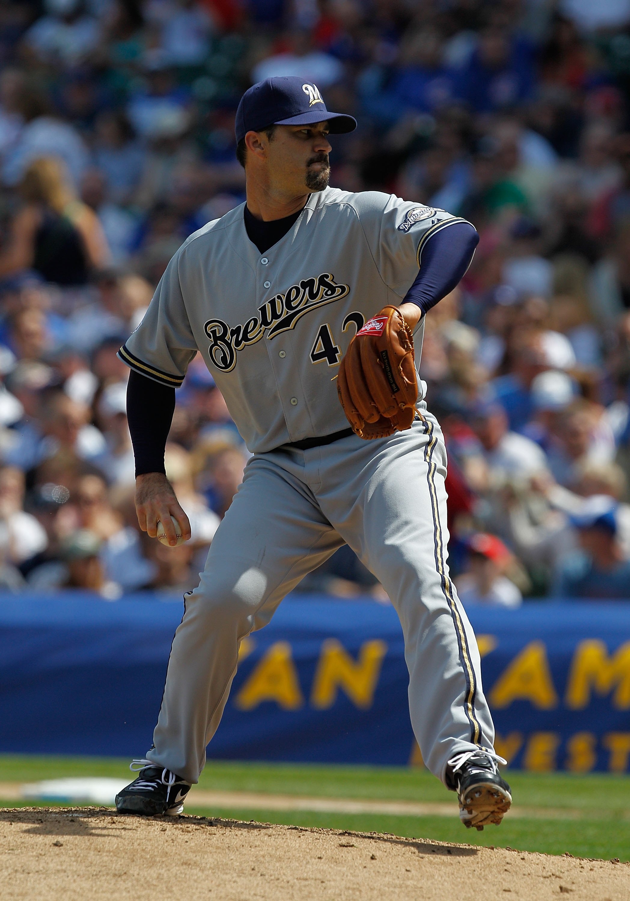 CHICAGO - APRIL 15: Starting pitcher Jeff Suppan of the Milwaukee Brewers, wearing a number 42 jersey in honor of Jackie Robinson, delivers the ball against the Chicago Cubs at Wrigley Field on April 15, 2010 in Chicago, Illinois. The Brewers defeated the