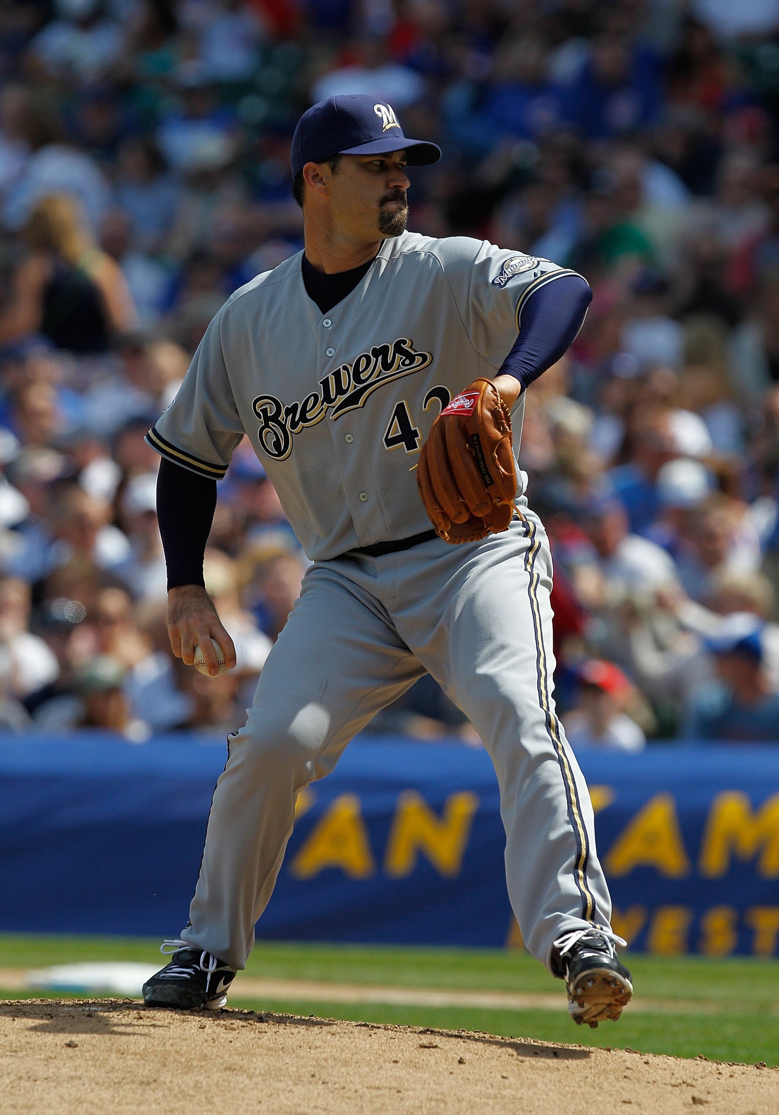CHICAGO - APRIL 15: Starting pitcher Jeff Suppan of the Milwaukee Brewers, wearing a number 42 jersey in honor of Jackie Robinson, delivers the ball against the Chicago Cubs at Wrigley Field on April 15, 2010 in Chicago, Illinois. The Brewers defeated the