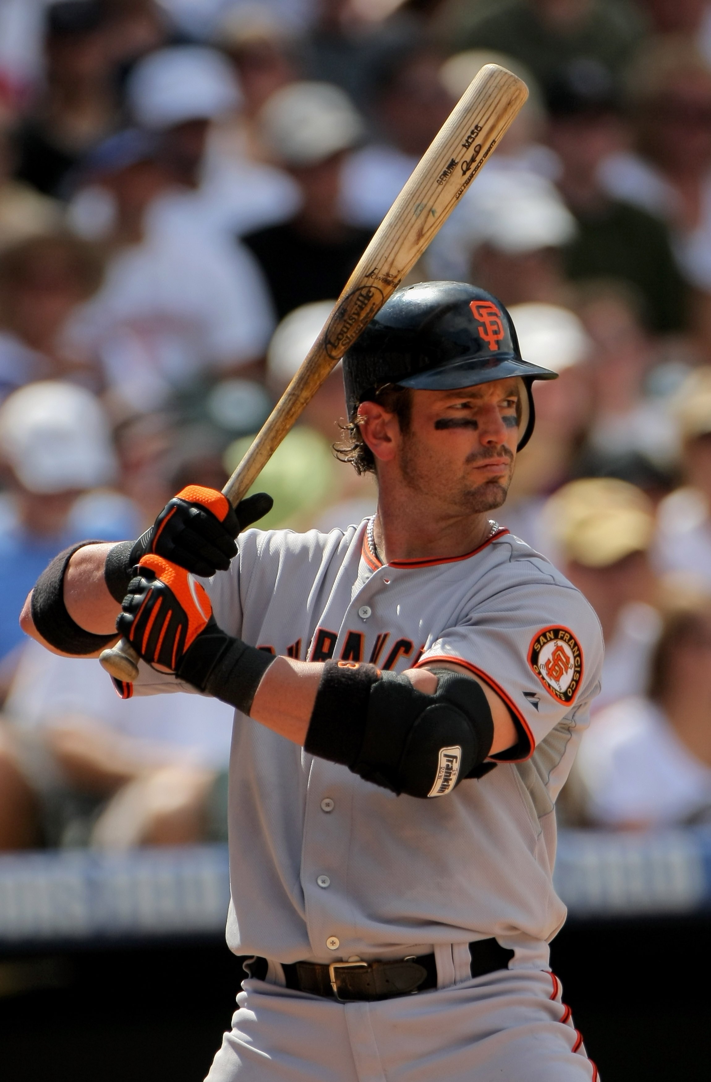DENVER - AUGUST 23:  Aaron Rowand #33 of the San Francisco Giants takes an at bat against the Colorado Rockies at Coors Field on August 23, 2009 in Denver, Colorado. The Rockies defeated the Giants 4-2.  (Photo by Doug Pensinger/Getty Images)