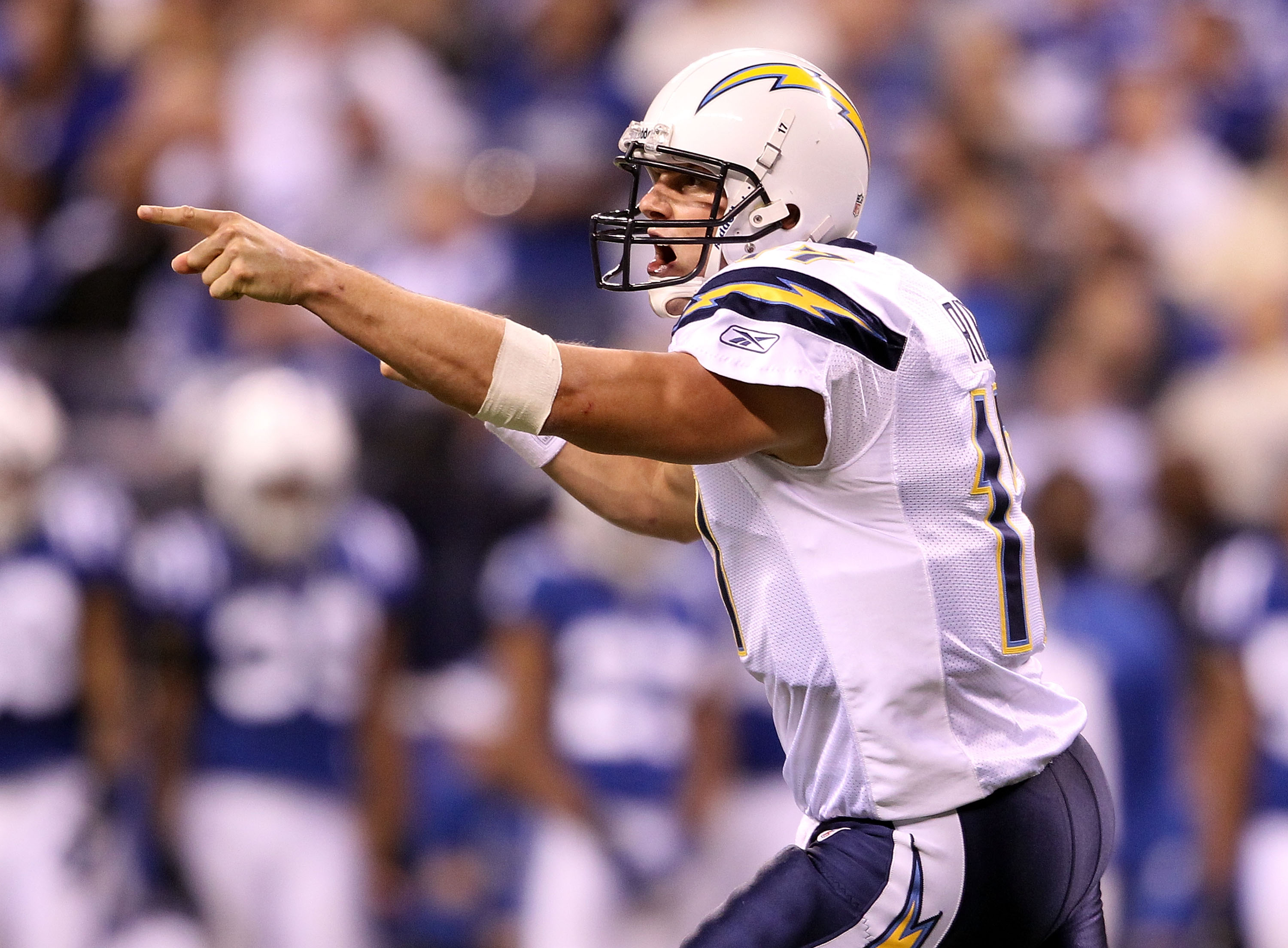 INDIANAPOLIS - NOVEMBER 28:  Philip Rivers #17 of the San Diego Chargers celebrates after a touchdown during the NFL game against the Indianapolis Colts at Lucas Oil Stadium on November 28, 2010 in Indianapolis, Indiana.  (Photo by Andy Lyons/Getty Images