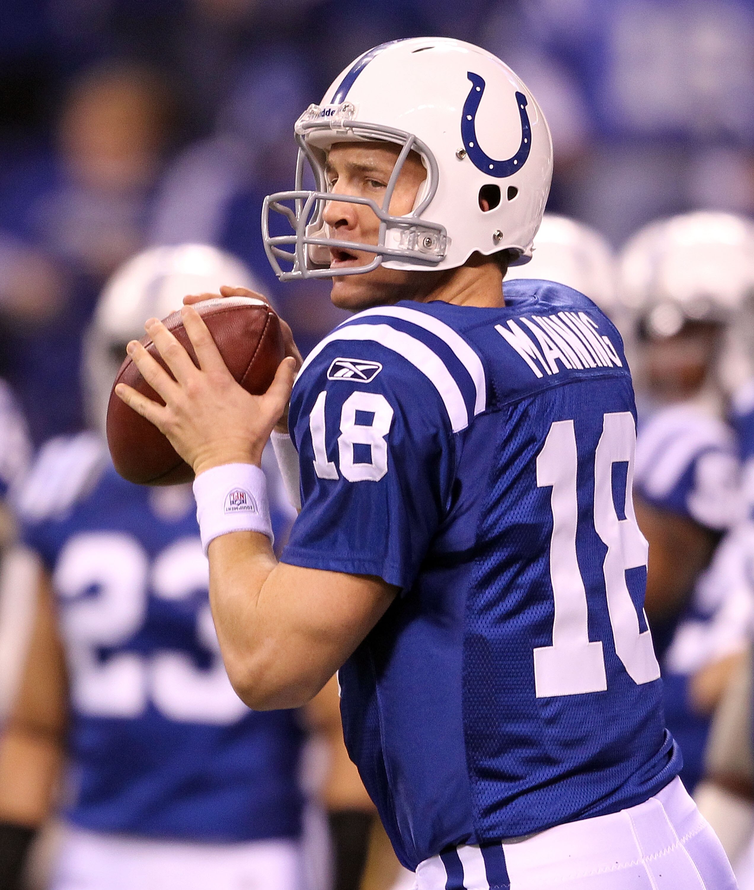 INDIANAPOLIS - NOVEMBER 28:  Peyton Manning #18 of the Indianapolis Colts throws a pass before the NFL game against the San Diego Chargers at Lucas Oil Stadium on November 28, 2010 in Indianapolis, Indiana.  (Photo by Andy Lyons/Getty Images)