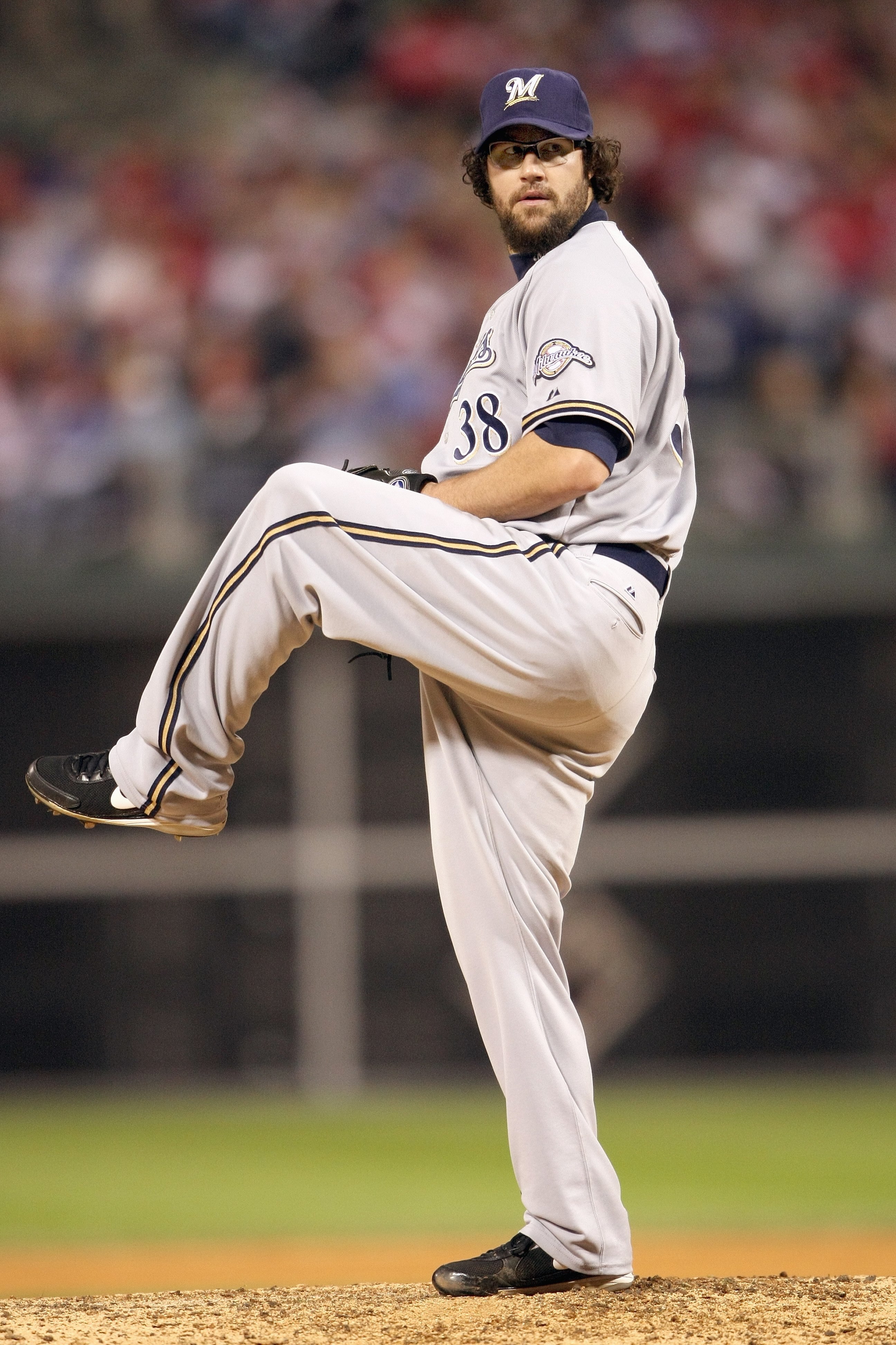 PHILADELPHIA - OCTOBER 2:  Eric Gagne #38 of the Milwaukee Brewers pitches against the Philadelphia Phillies during Game 2 of the NLDS Playoffs at Citizens Bank Ballpark on October 2, 2008 in Philadelphia, Pennsylvania. (Photo by: Nick Laham/Getty Images)