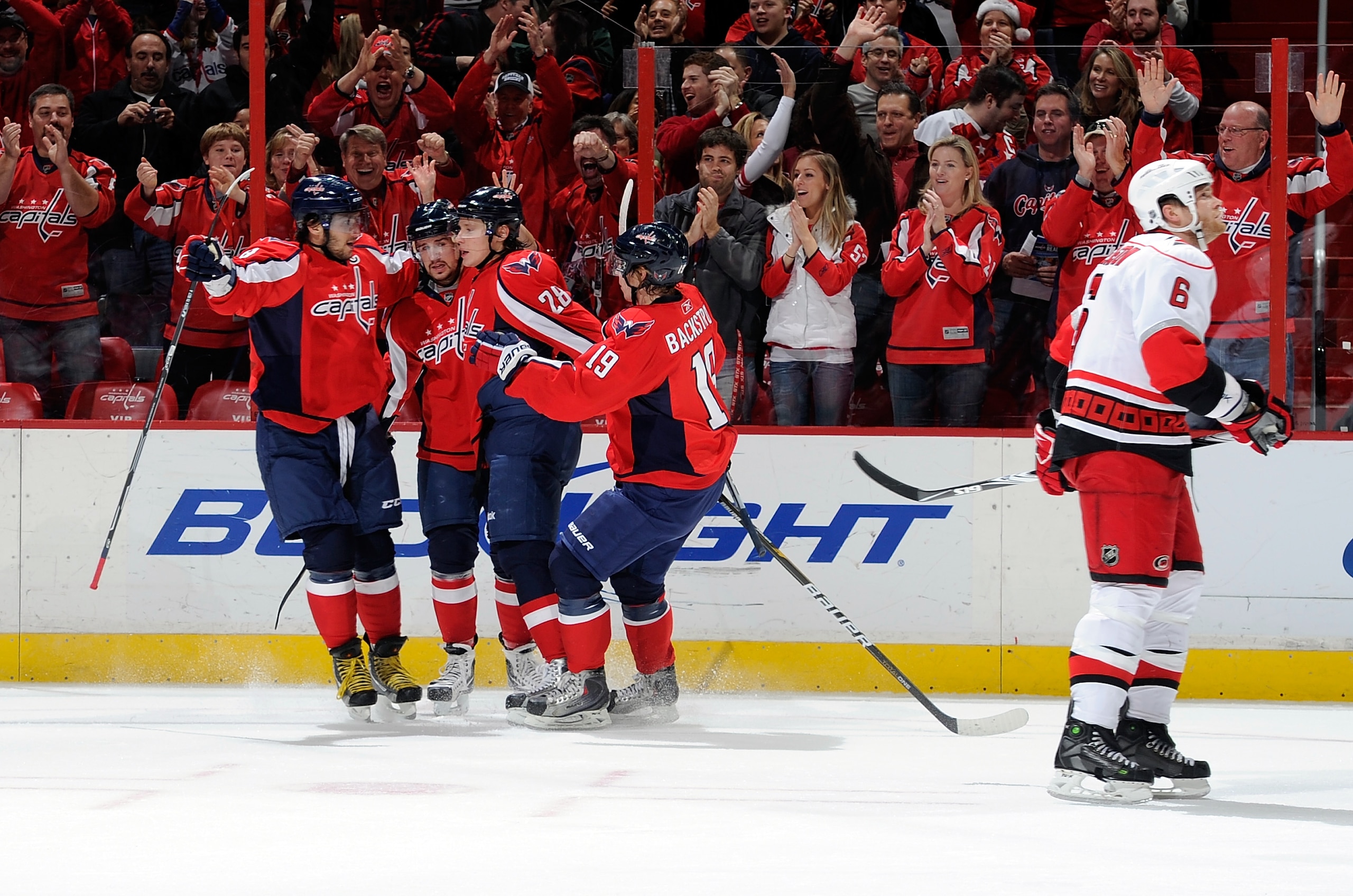 WASHINGTON - NOVEMBER 28:  Alexander Semin #28 of the Washington Capitals celebrates with Alex Ovechkin #8, Mike Green #52 and Nicklas Backstrom #19 after scoring in the first period against the Carolina Hurricanes at the Verizon Center on November 28, 20