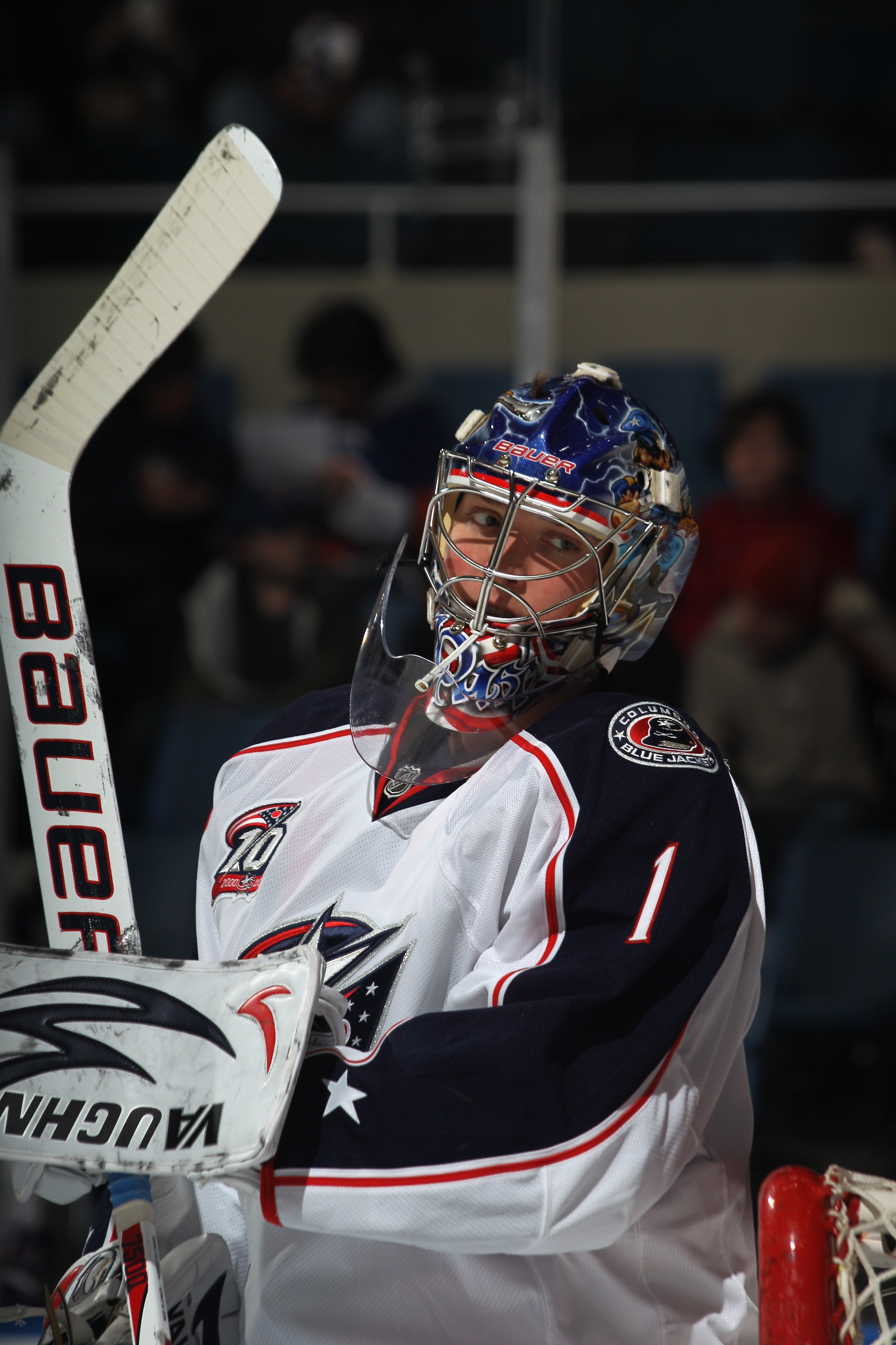 UNIONDALE, NY - NOVEMBER 24:  Steve Mason #1 of the Columbus Blue Jackets skates in warmups prior to the game against the New York Islanders at the Nassau Coliseum on November 24, 2010 in Uniondale, New York.  (Photo by Bruce Bennett/Getty Images)