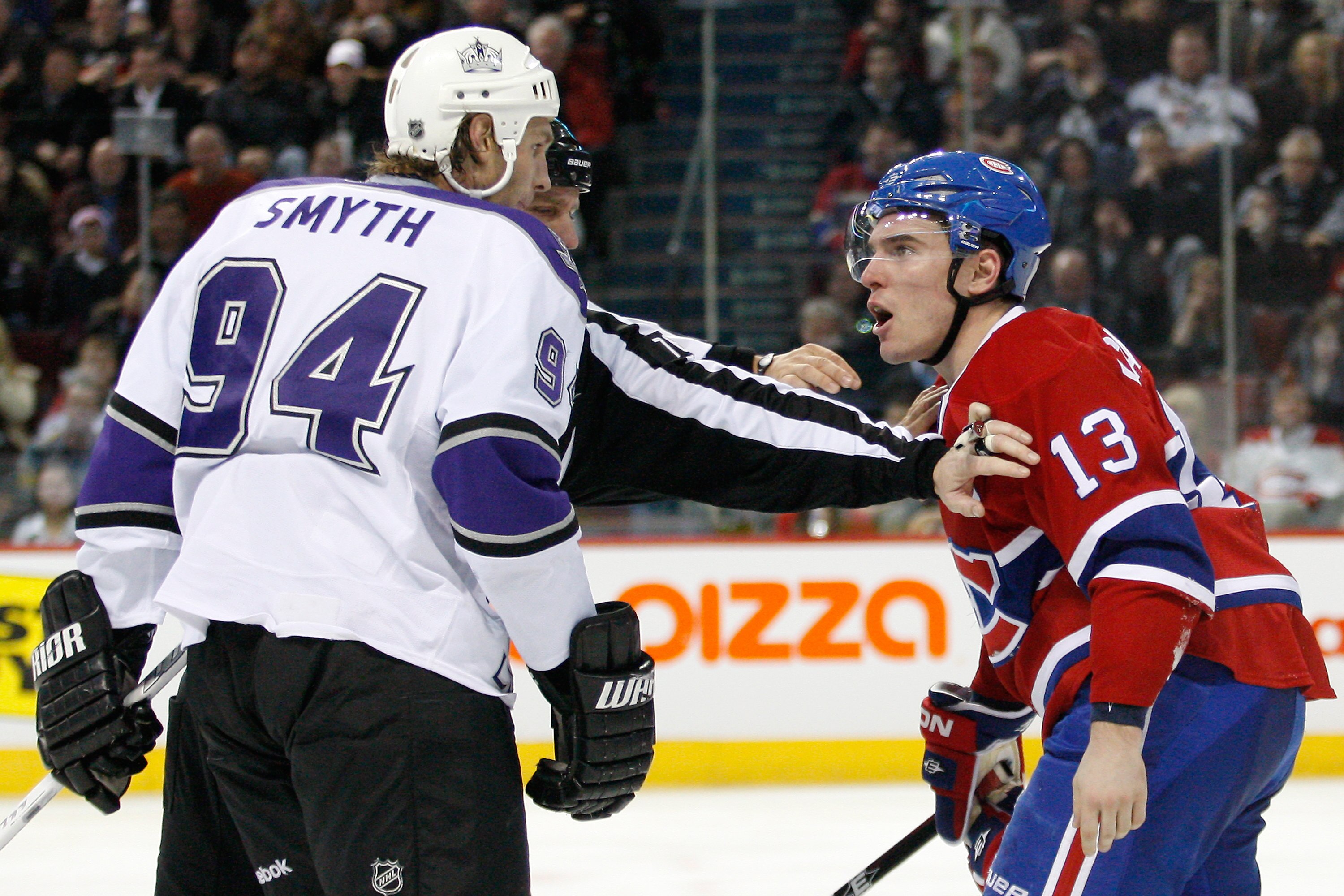 MONTREAL- NOVEMBER 24:  Mike Cammalleri #13 of the Montreal Canadiens exchanges words with Ryan Smyth #94 of the Los Angeles Kings after a penalty call on Smyth during the NHL game at the Bell Centre on November 24, 2010 in Montreal, Quebec, Canada.  (Pho