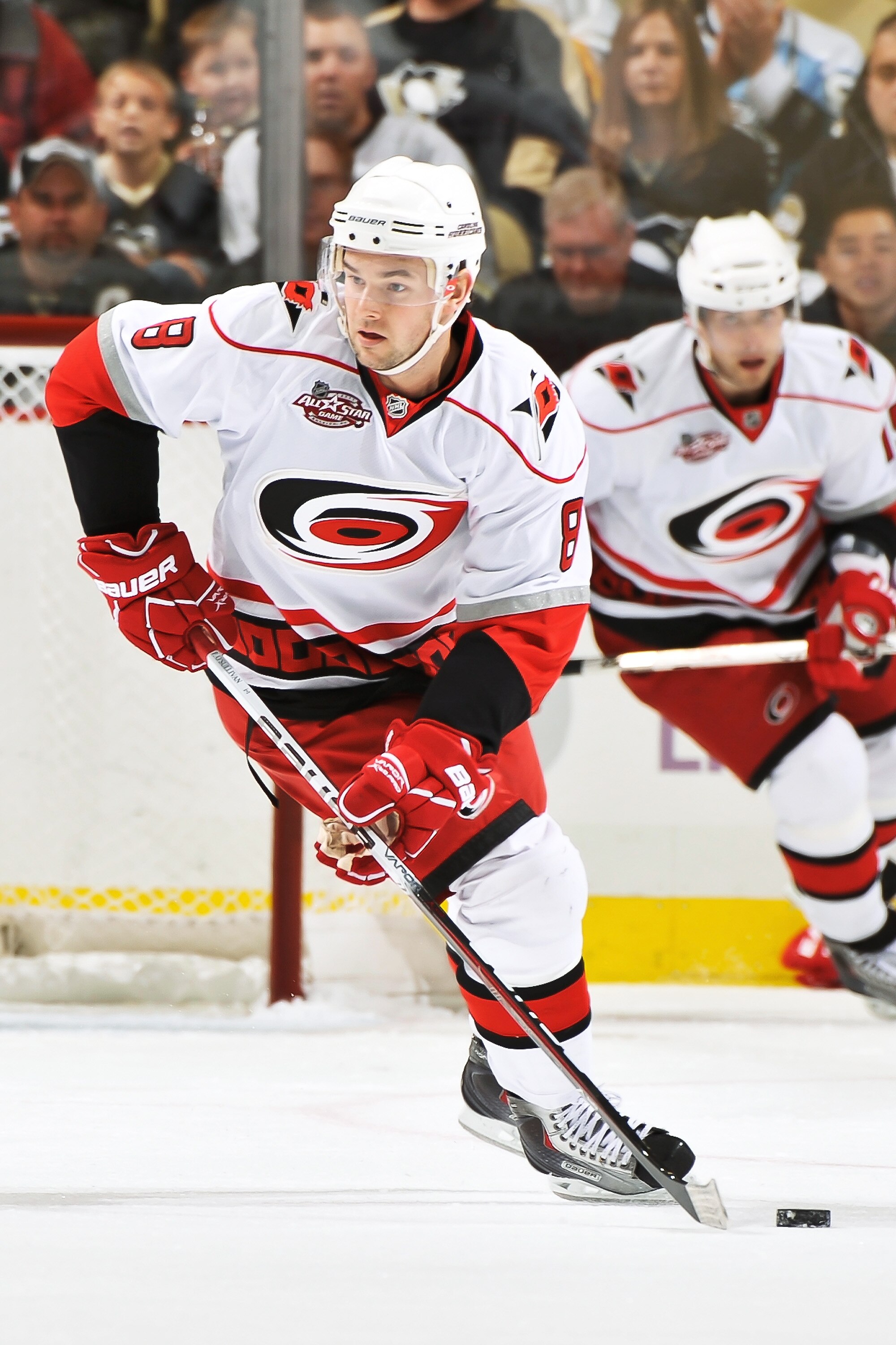 PITTSBURGH - NOVEMBER 19:  Patrick O'Sullivan #8 of the Carolina Hurricanes skates with the puck against the Pittsburgh Penguins on November 19, 2010 at Consol Energy Center in Pittsburgh, Pennsylvania.  (Photo by Jamie Sabau/Getty Images)