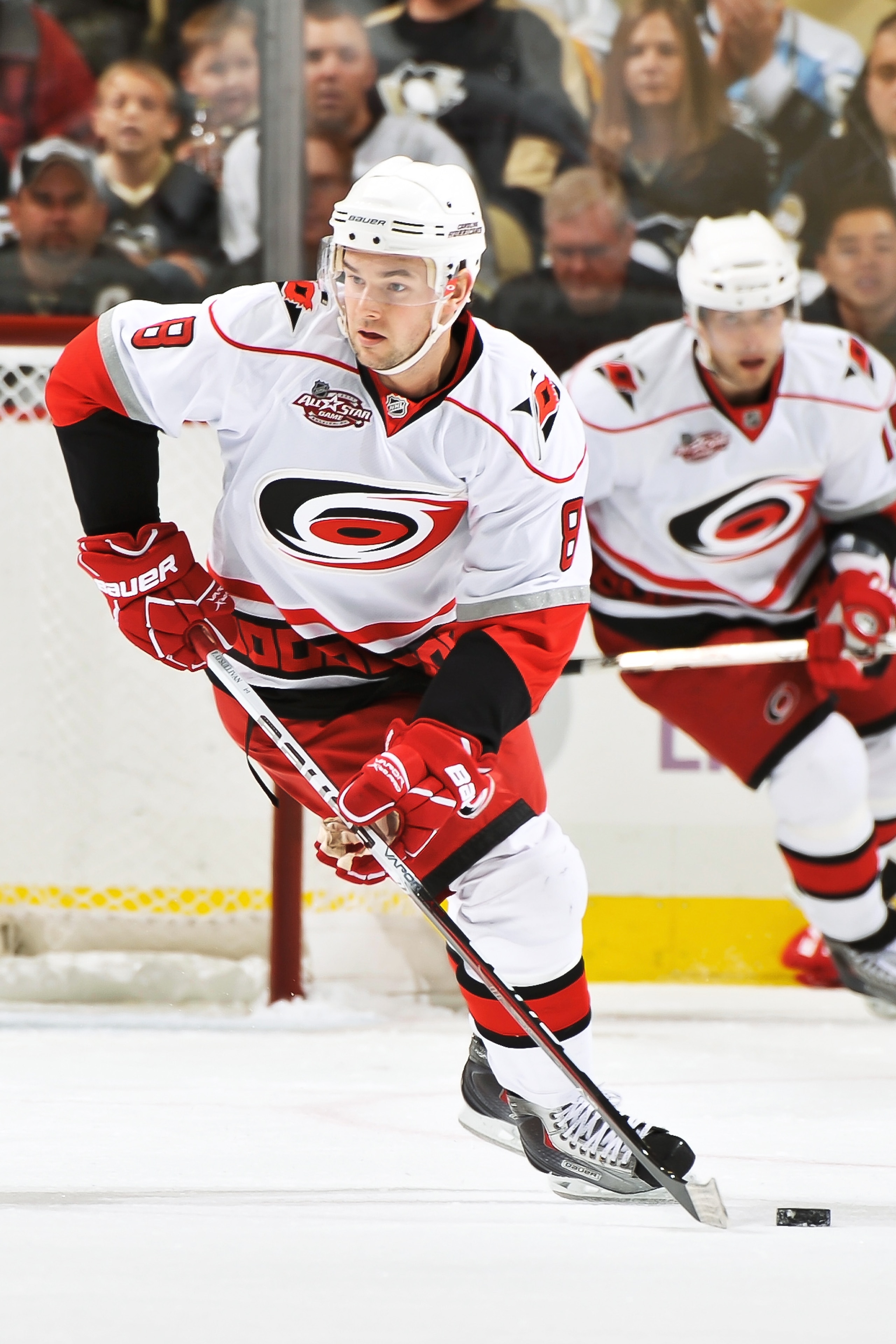 PITTSBURGH - NOVEMBER 19:  Patrick O'Sullivan #8 of the Carolina Hurricanes skates with the puck against the Pittsburgh Penguins on November 19, 2010 at Consol Energy Center in Pittsburgh, Pennsylvania.  (Photo by Jamie Sabau/Getty Images)