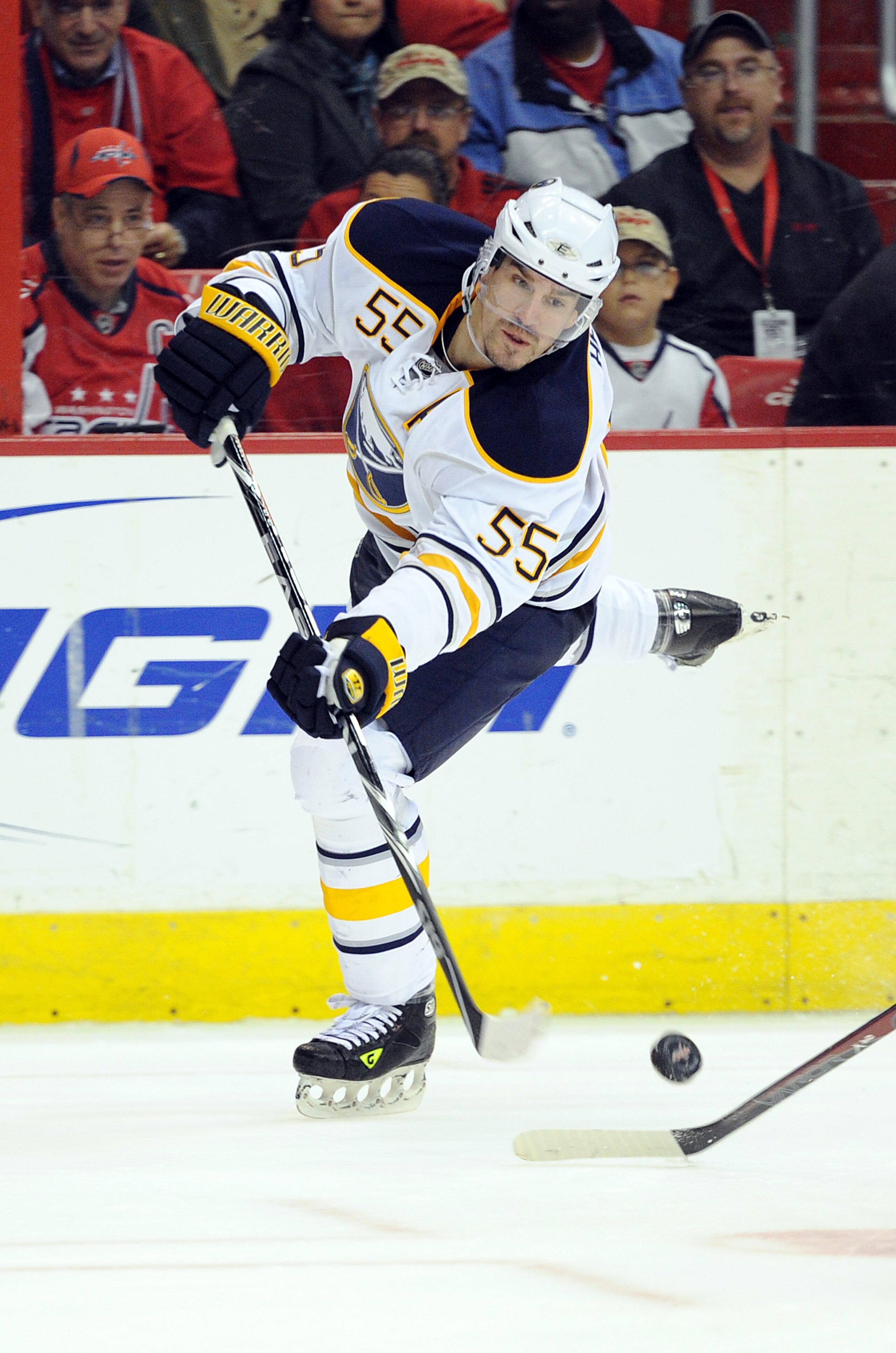 WASHINGTON - NOVEMBER 17:  Jochen Hecht #55 of the Buffalo Sabres shoots the puck against the Washington Capitals at the Verizon Center on November 17, 2010 in Washington DC.  (Photo by Greg Fiume/Getty Images)