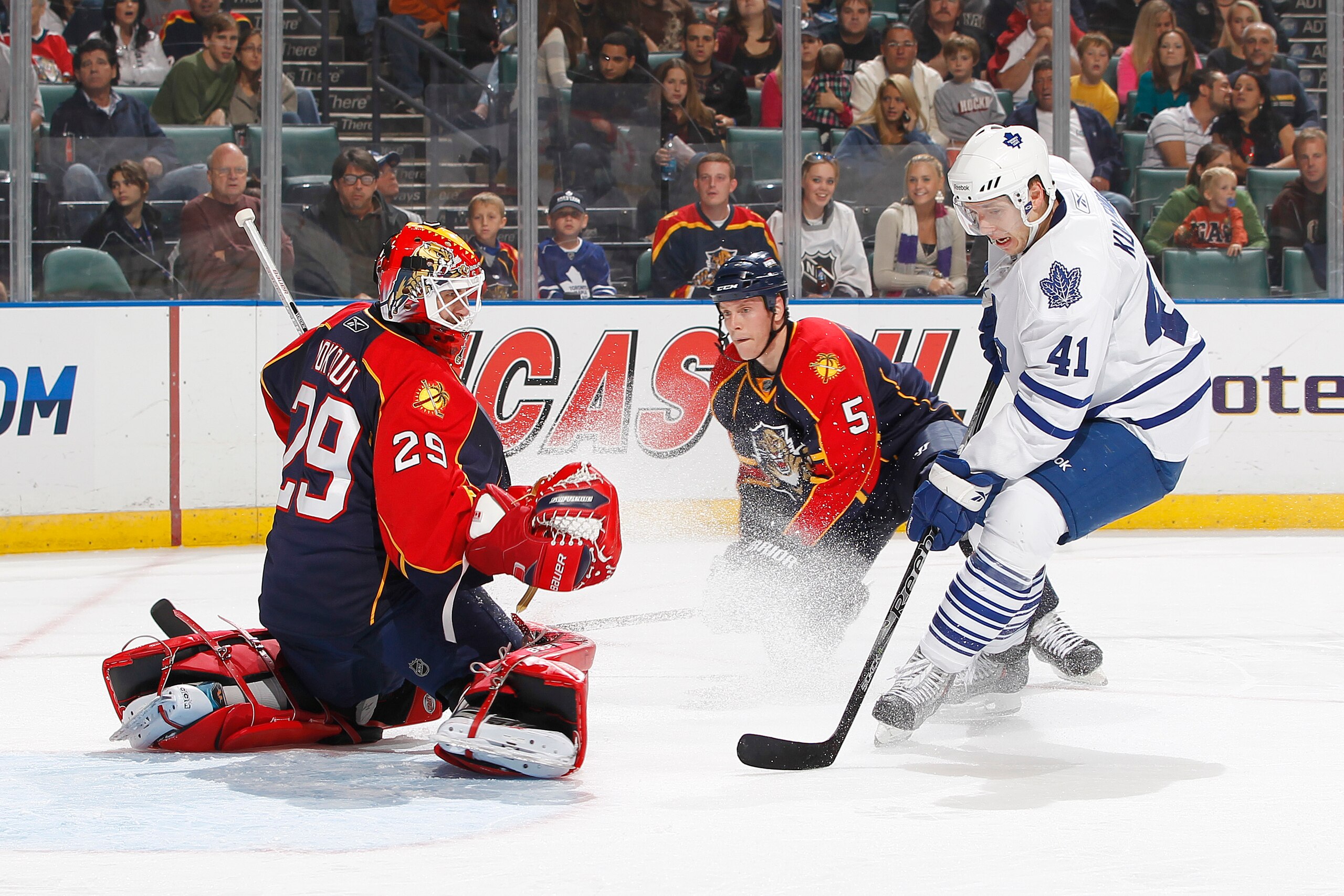 SUNRISE, FL - NOVEMBER 10: Goaltender Tomas Vokoun #29 of the Florida Panthers stops a shot by Nikolai Kulemin #41 of the Toronto Maple Leafs on November 10, 2010 at the BankAtlantic Center in Sunrise, Florida. The Panthers defeated the Maple Leafs 4-1. (