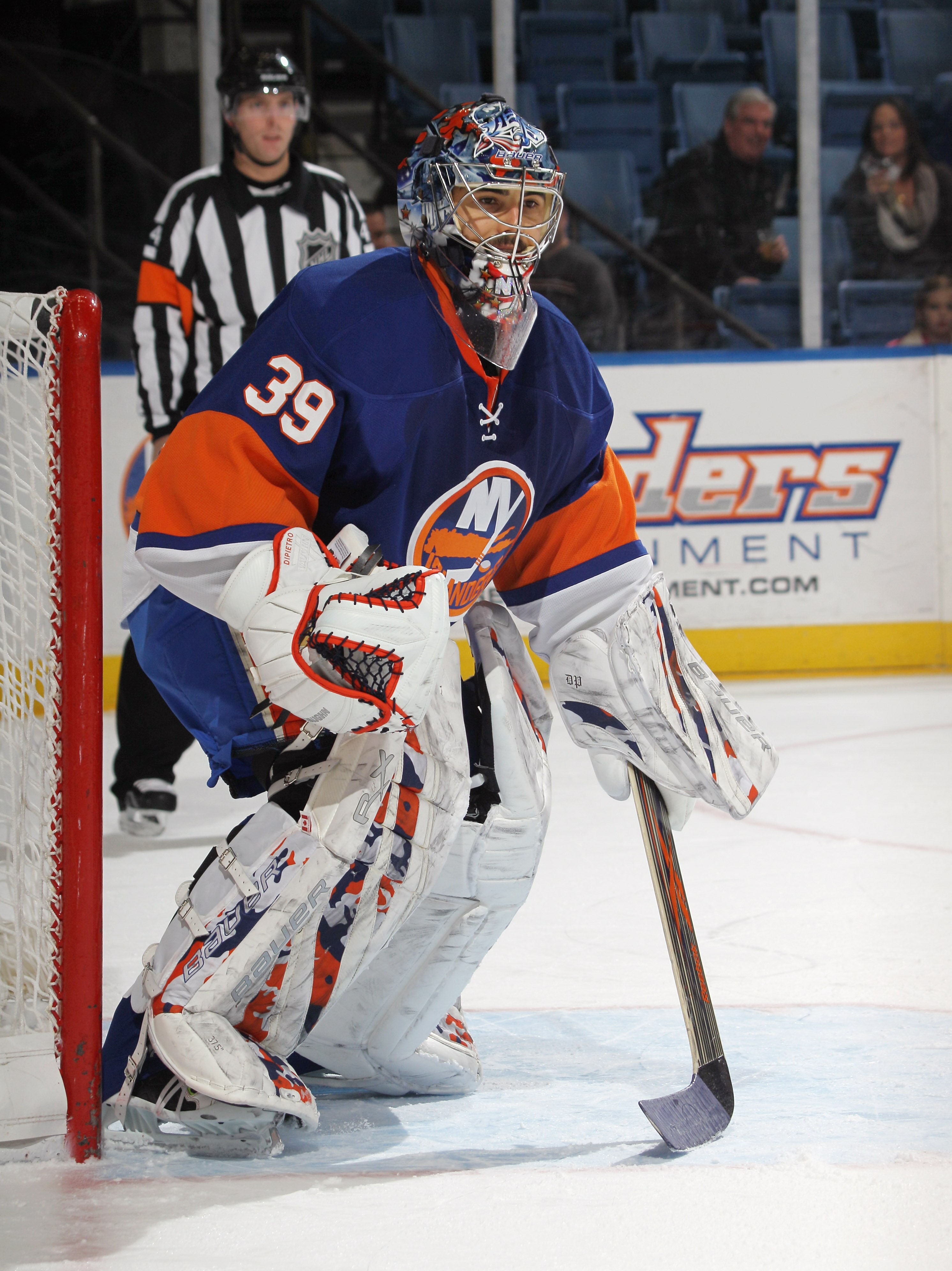 UNIONDALE, NY - NOVEMBER 24:  Rick DiPietro #39 of the New York Islanders skates against the Columbus Blue Jackets at the Nassau Coliseum on November 24, 2010 in Uniondale, New York.  (Photo by Bruce Bennett/Getty Images)