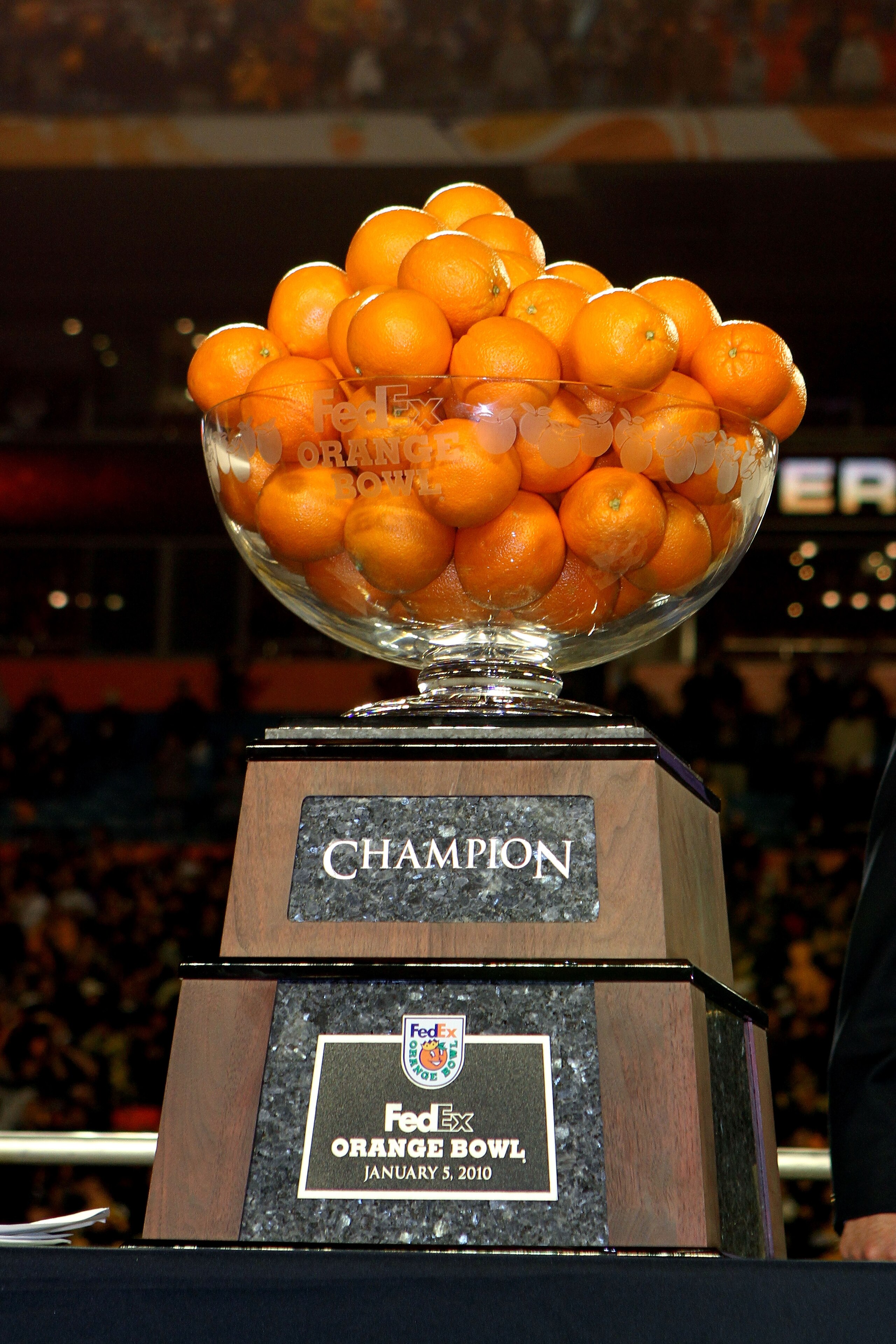 MIAMI GARDENS, FL - JANUARY 05:  A detail of the Orange Bowl trophy which was won by the Iowa Hawkeyes after their 24-14 win against the Georgia Tech Yellow Jackets during the FedEx Orange Bowl at Land Shark Stadium on January 5, 2010 in Miami Gardens, Fl