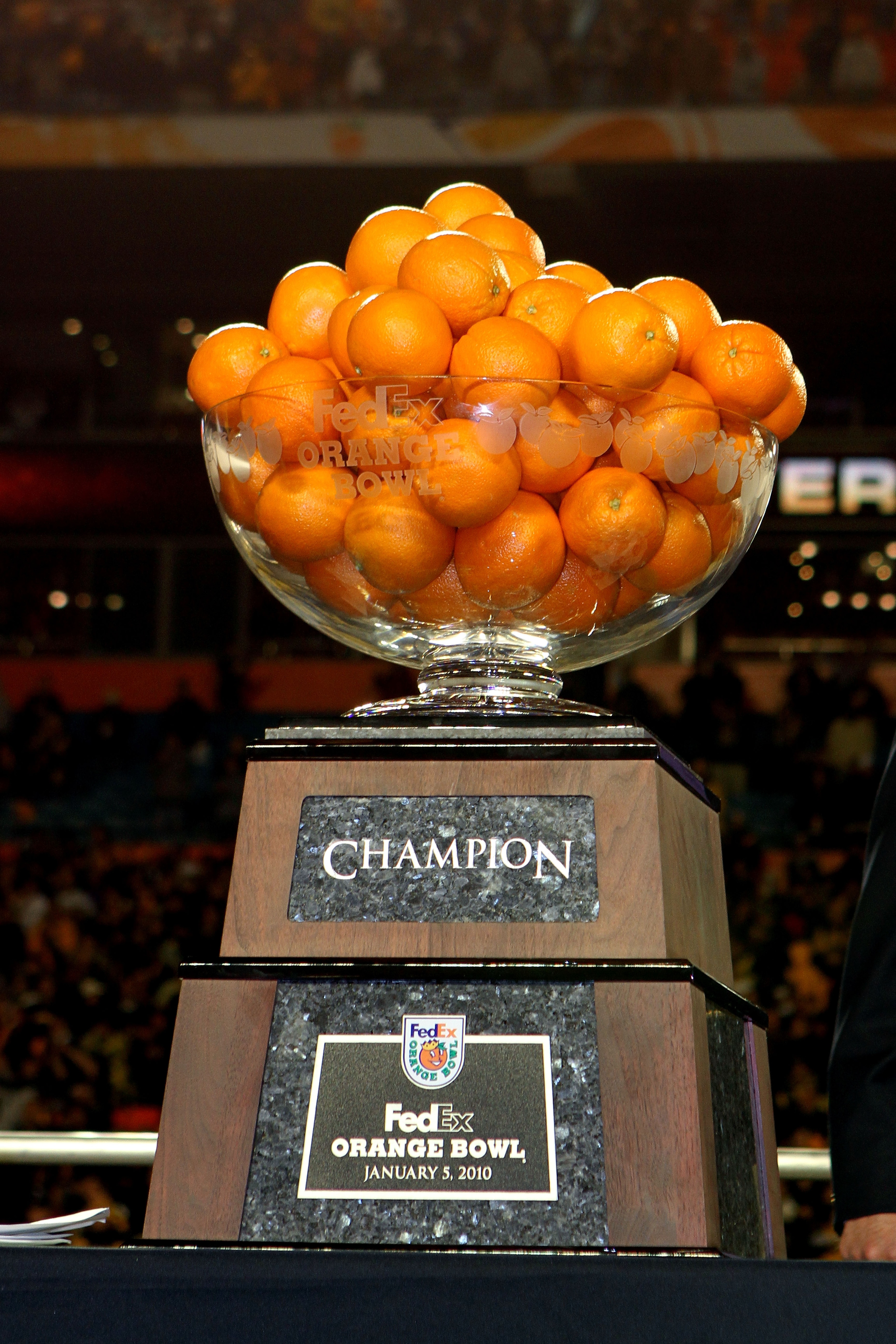 MIAMI GARDENS, FL - JANUARY 05:  A detail of the Orange Bowl trophy which was won by the Iowa Hawkeyes after their 24-14 win against the Georgia Tech Yellow Jackets during the FedEx Orange Bowl at Land Shark Stadium on January 5, 2010 in Miami Gardens, Fl