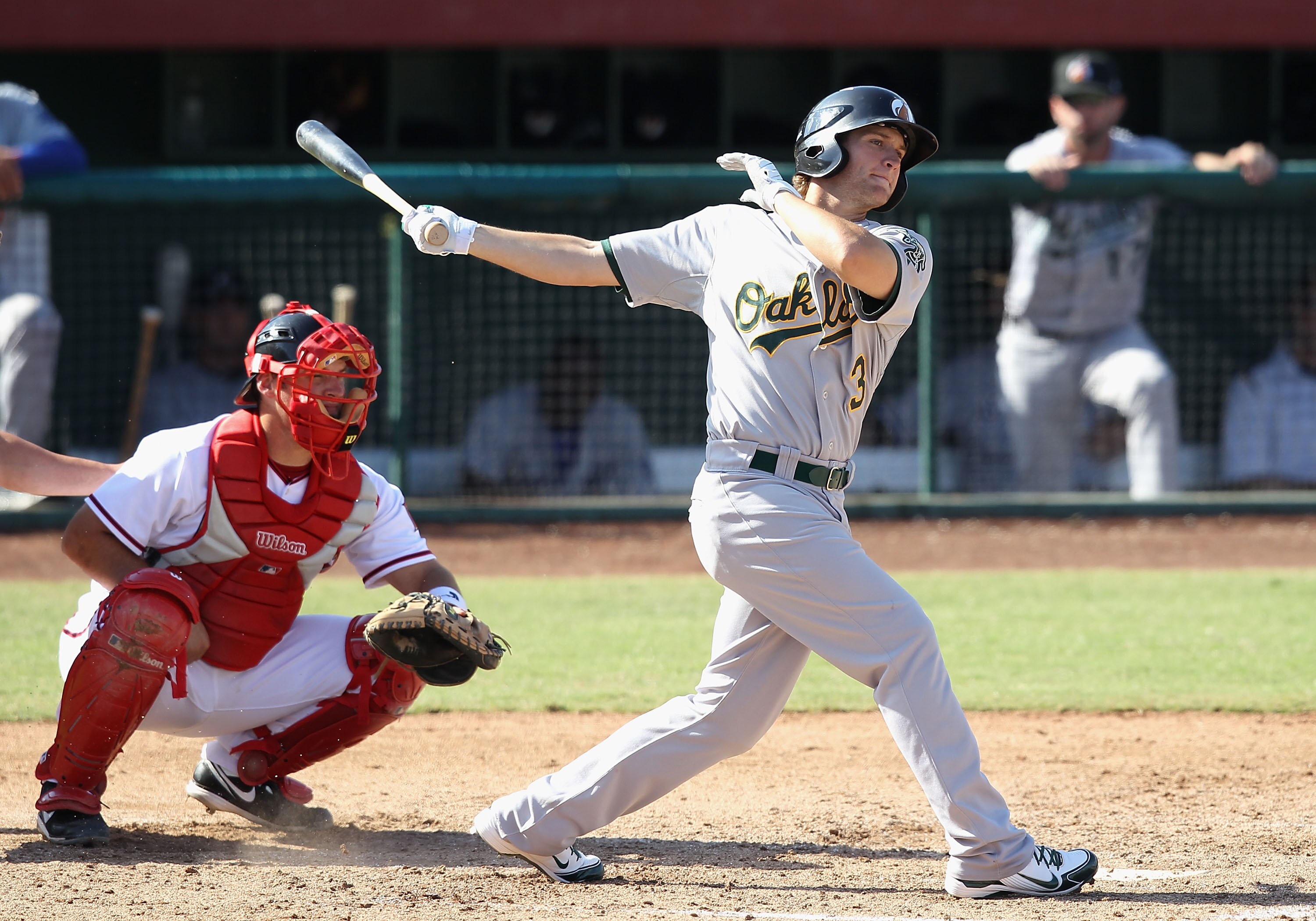 SCOTTSDALE, AZ - OCTOBER 23:  Oakland Athletics prospect Stephen Parker playing for the Phoenix Desert Dogs bats against the Scottsdale Scorpions during the AZ Fall League game at Scottsdale Stadium on October 23, 2010 in Scottsdale, Arizona.  (Photo by C