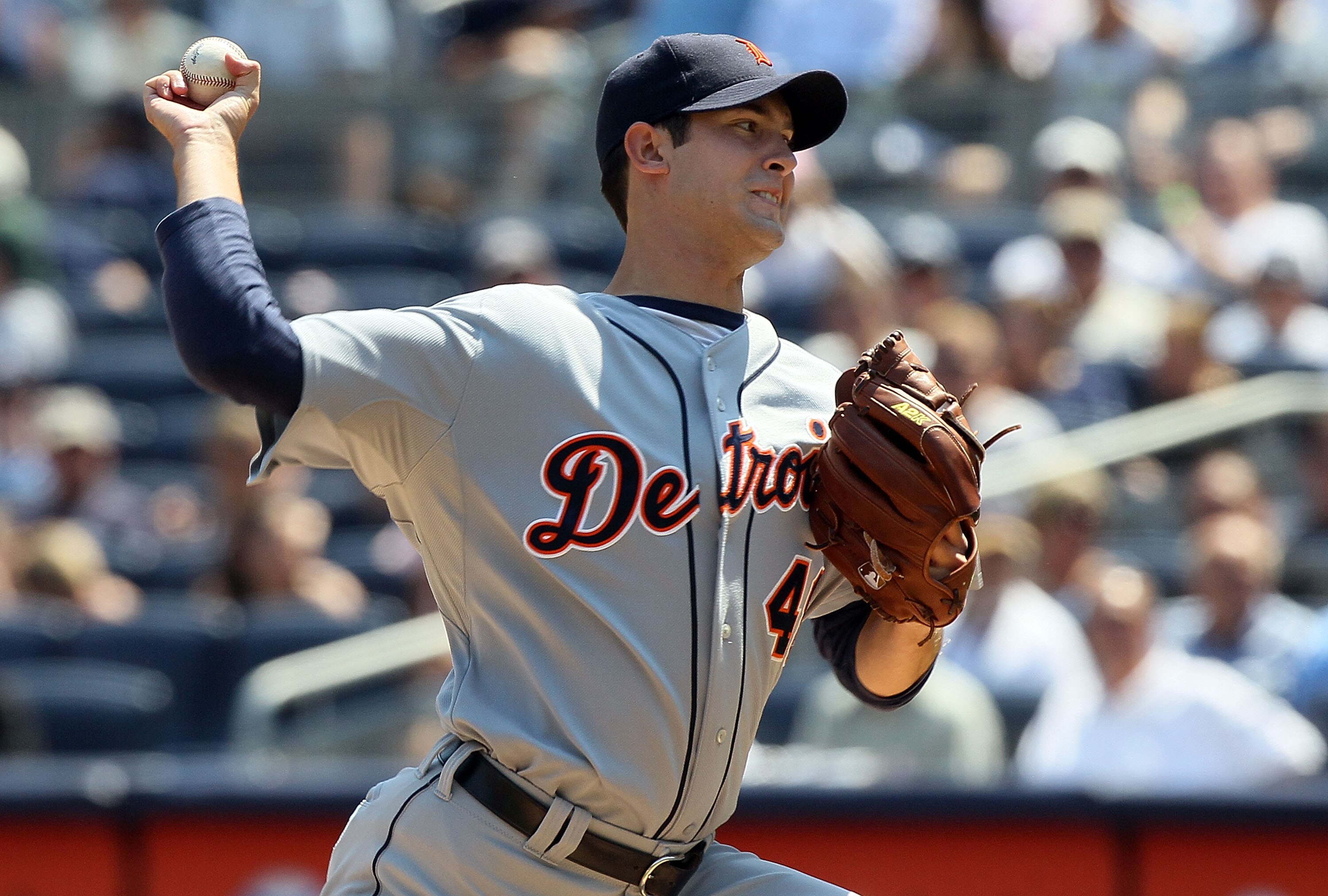 NEW YORK - AUGUST 19:  Rick Porcello #48 of the Detroit Tigers delivers a pitch against the New York Yankees on August 19, 2010 at Yankee Stadium in the Bronx borough of New York City.  (Photo by Jim McIsaac/Getty Images)