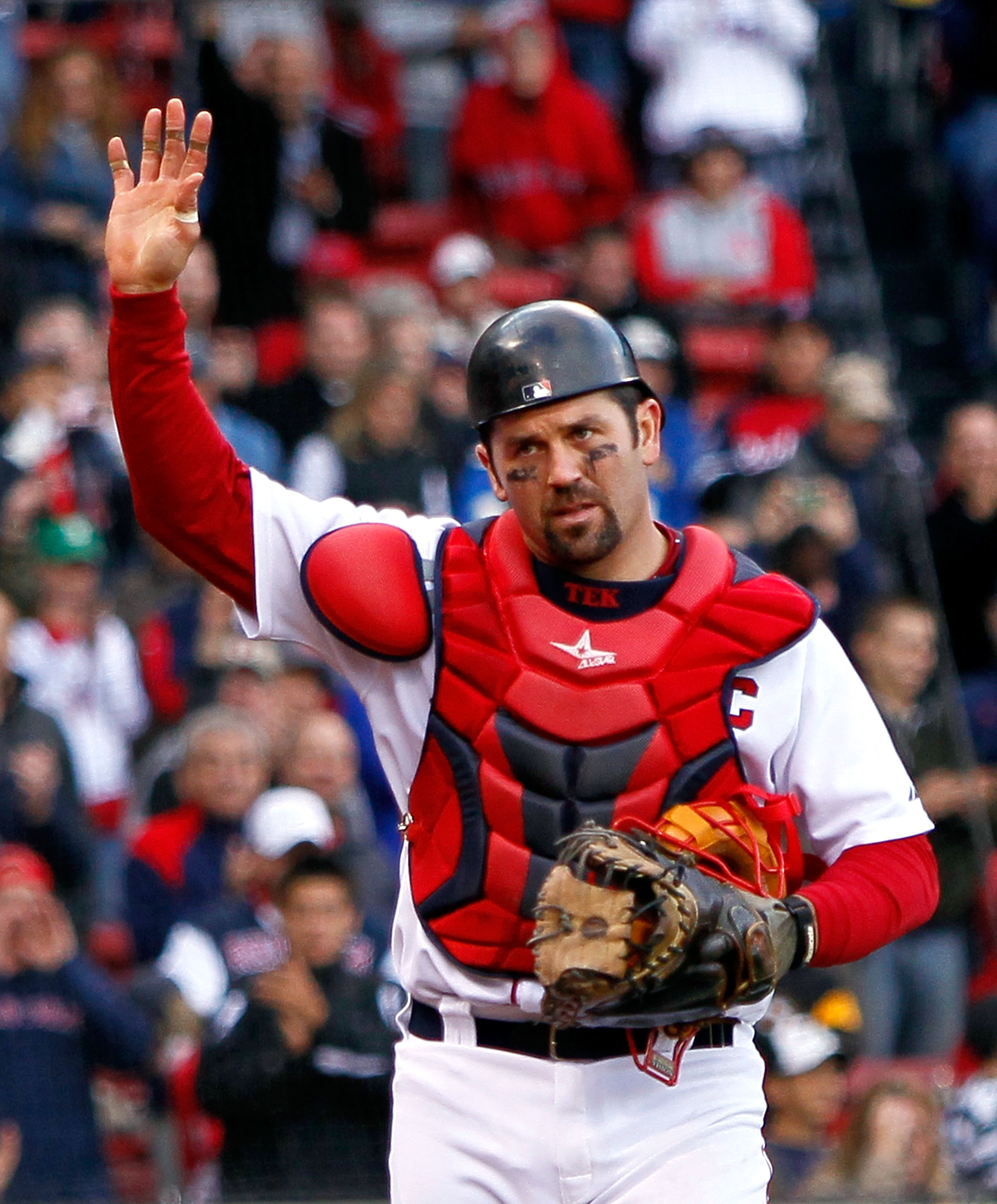 BOSTON - OCTOBER 3:  Jason Varitek #33 of the Boston Red Sox  reacts to fan applause as he leaves the field  for a replacement in the ninth inning against the New York Yankees at Fenway Park, October 3, 2010, in Boston, Massachusetts. The Red Sox won 8-4.