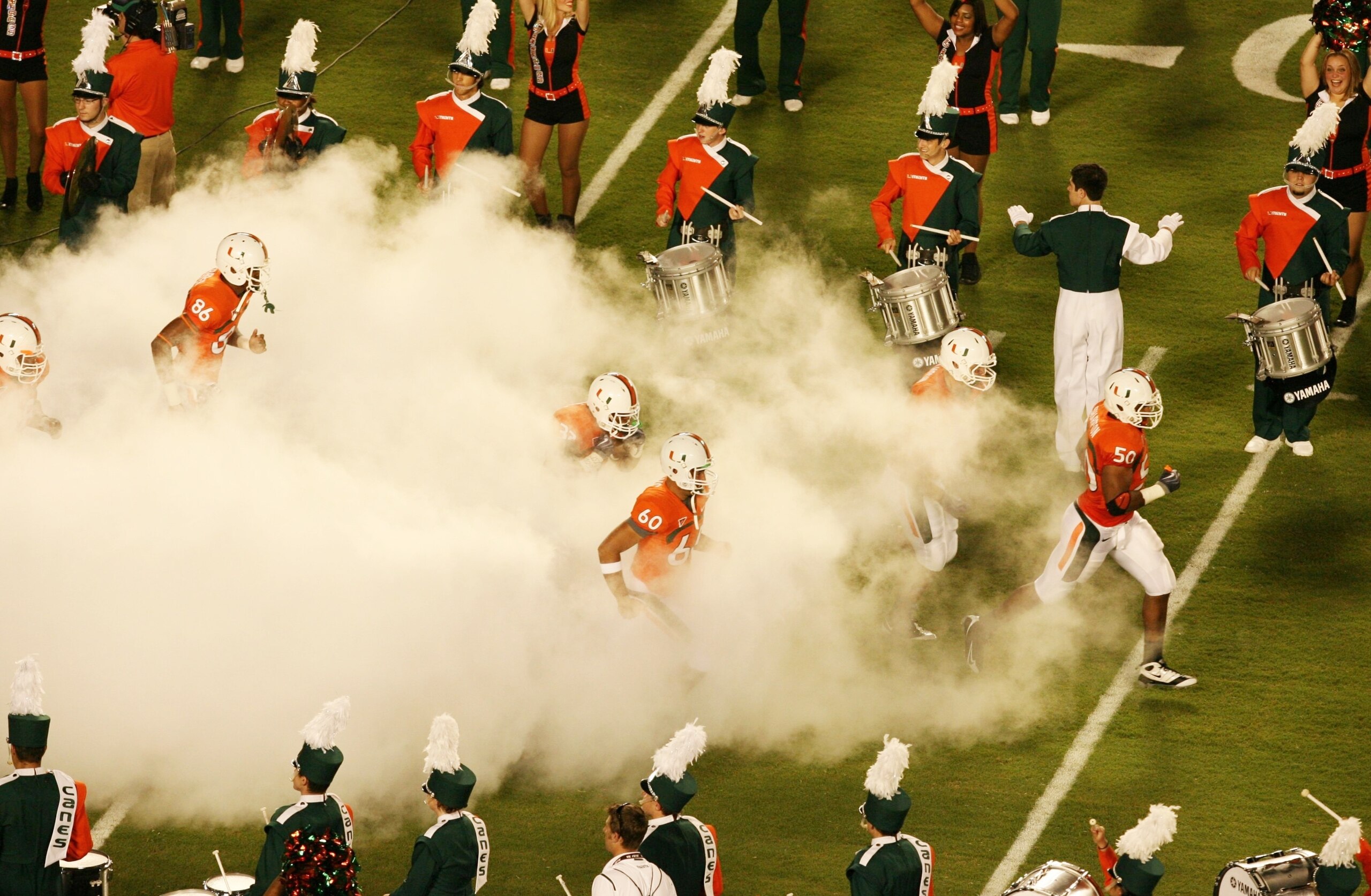 MIAMI GARDENS, FL - OCTOBER 3:  The band as the Miami Hurricanes take the field before their start of the game against the Oklahoma Sooners on October 3, 2009 at Landshark Stadium in Miami Gardens, Florida. (Photo by Doug Benc/Getty Images)