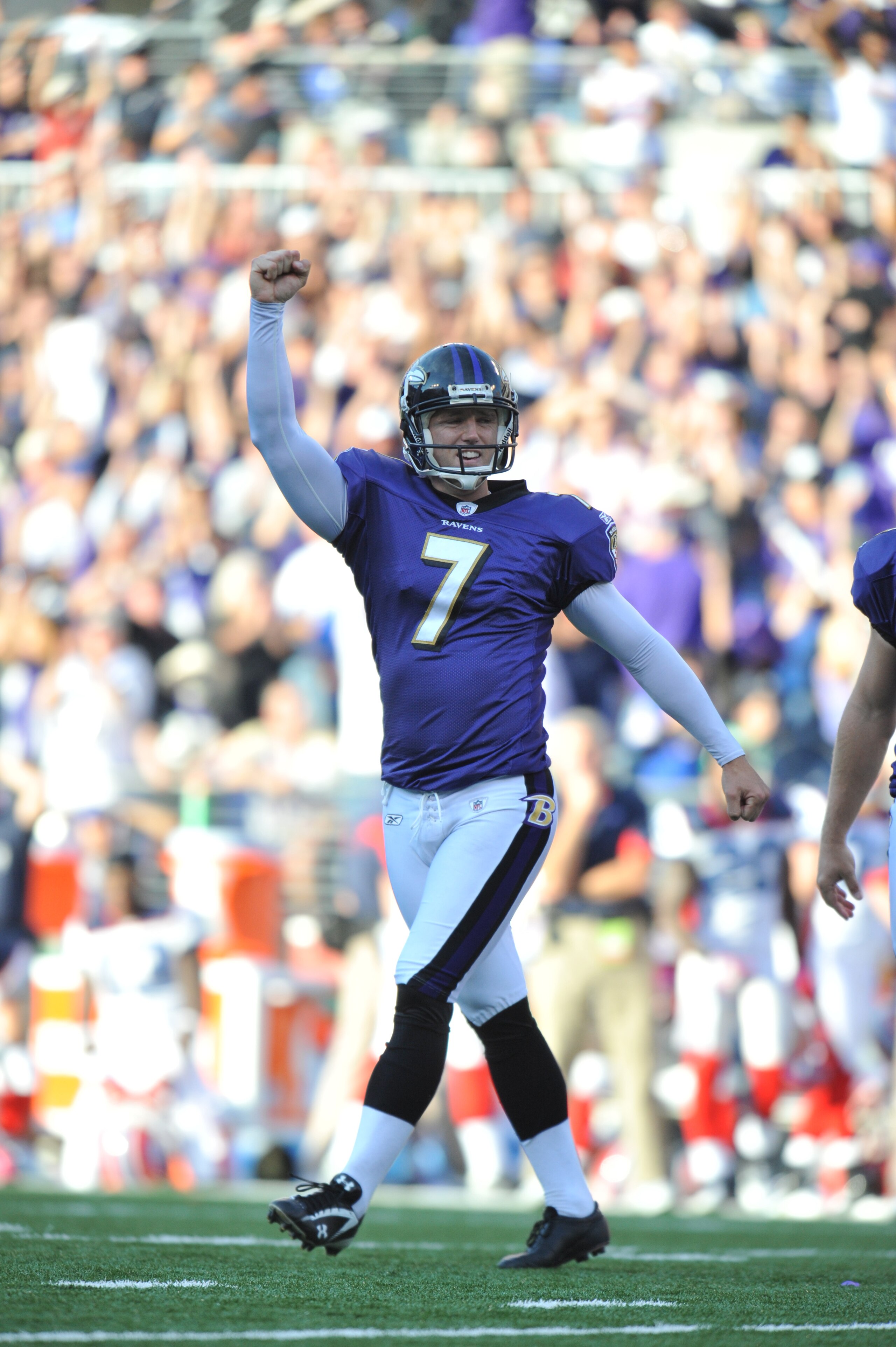 BALTIMORE, MD - OCTOBER 24:  Billy Cundiff #7 of the Baltimore Ravens celebrates his game winning field goal against the Buffalo Bills at M&T Bank Stadium on October 24, 2010 in Baltimore, Maryland. The Ravens defeated the Bills 37-34. (Photo by Larry Fre