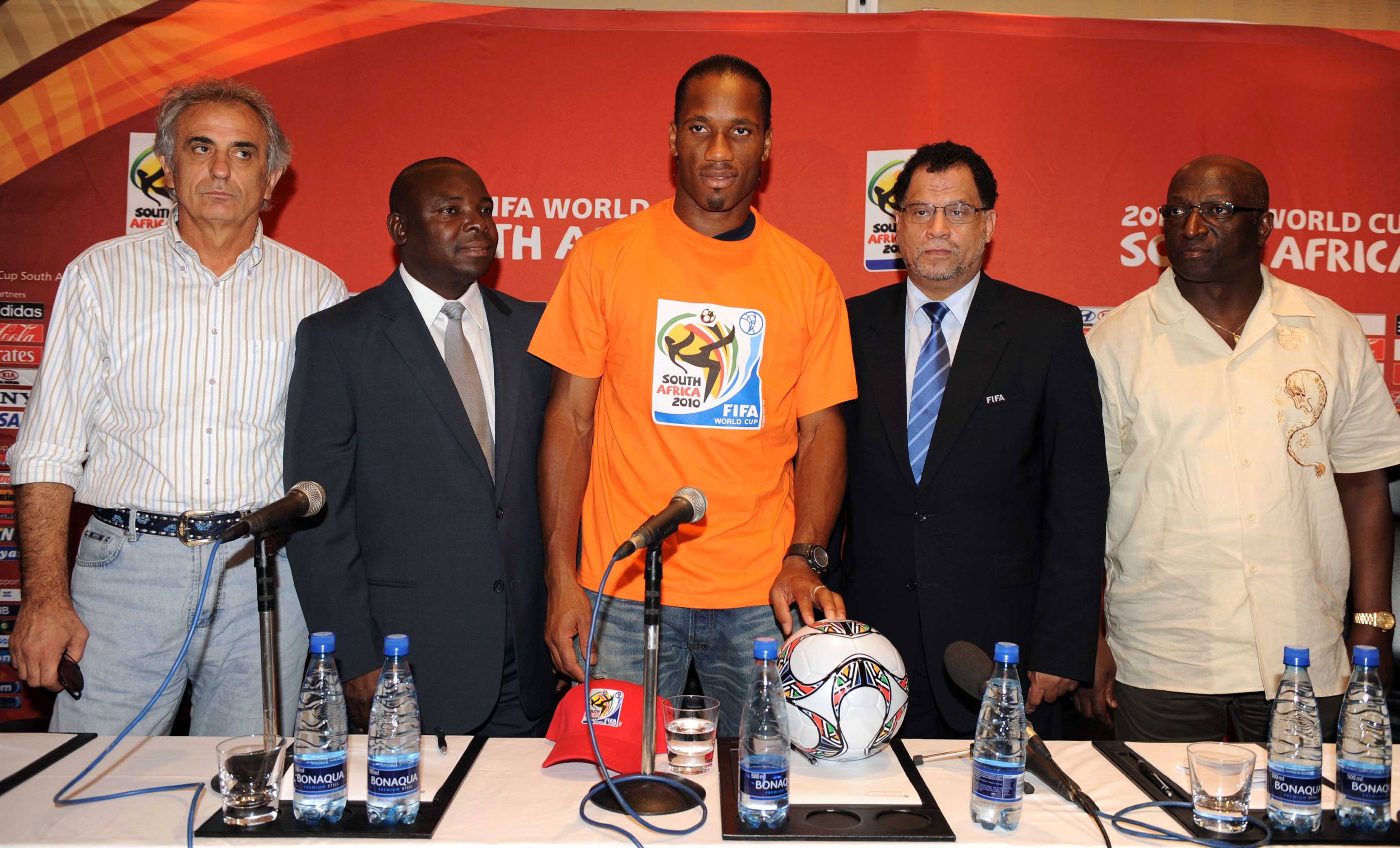 JOHANNESBURG, SOUTH AFRICA - OCTOBER 11:   (L-R) Coach Vahid Halilhodzic,  Safa president Kirsten Nematandani, captain Didier Drogba, 2010 LOC CEO Danny Jordaan and FA president Jacques Anouma attend the Ivory Coast Press Conference from the Inter Contine