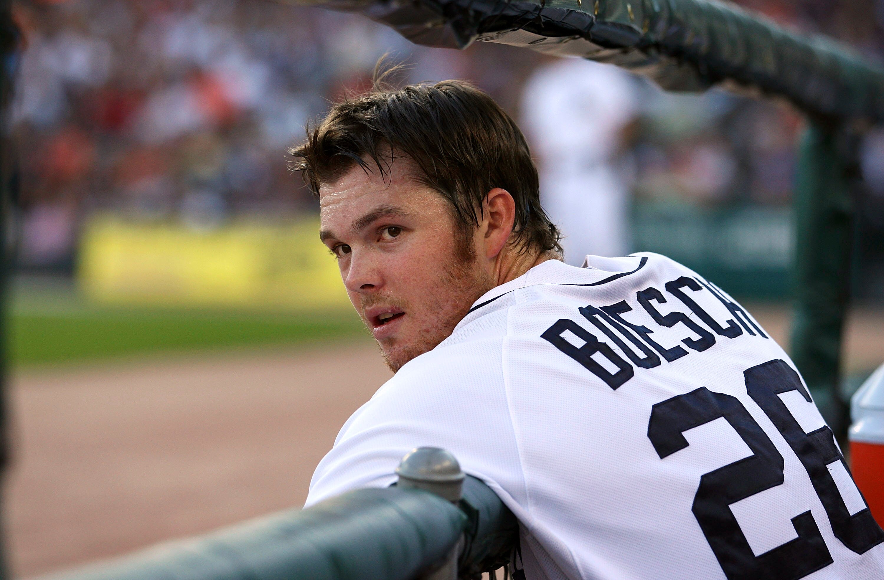 DETROIT - JULY 02:  Brennan Boesch #26 of the Detroit Tigers watches the action during the third inning of the game against the Seattle Marines on July 2, 2010 at Comerica Park in Detroit, Michigan. The Tigers defeated the Mariners 7-1.   (Photo by Leon H