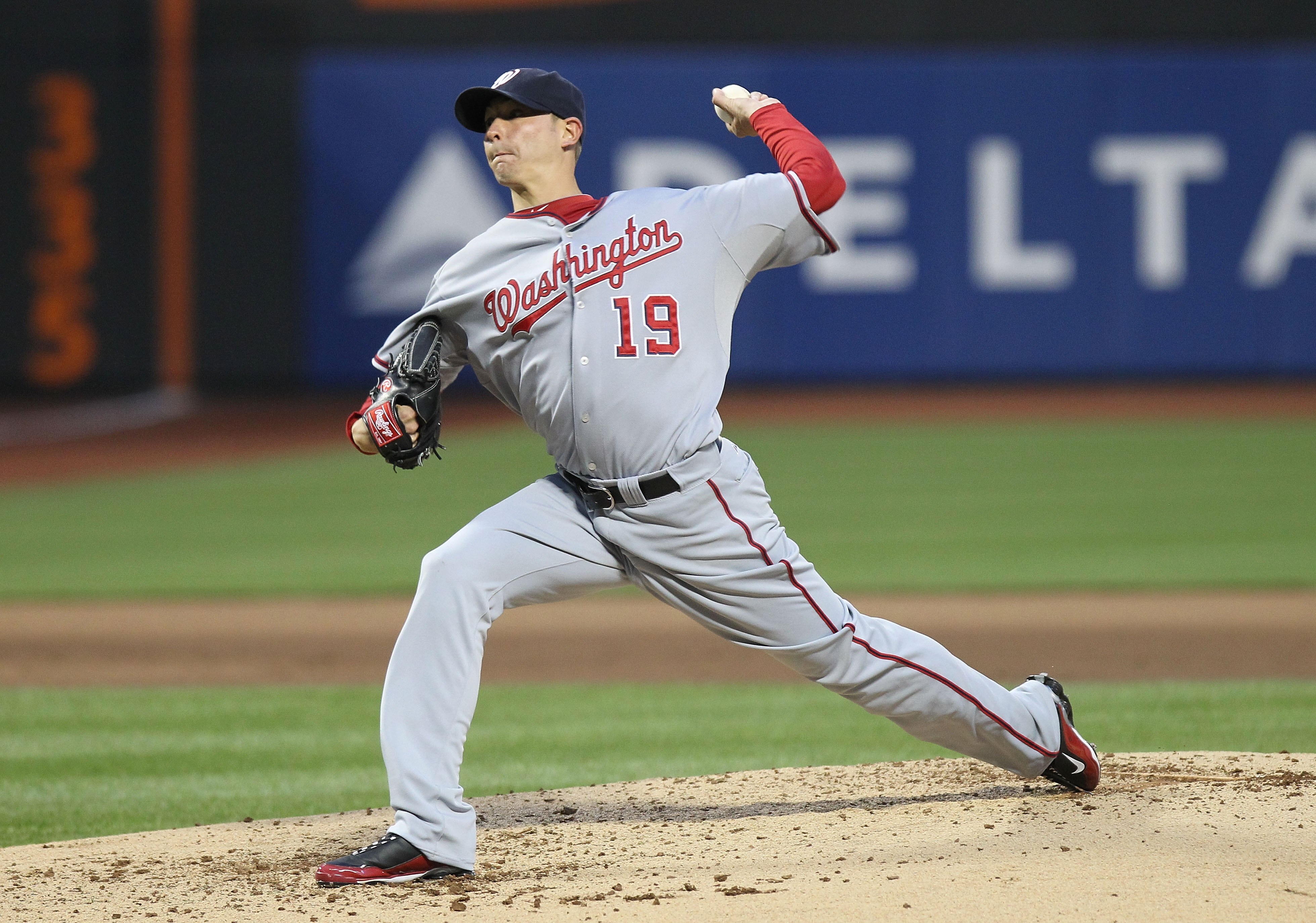 NEW YORK - MAY 11:  Scott Olsen #19 of the Washington Nationals pitches against the New York Mets at Citi Field on May 11, 2010 in the Flushing neighborhood of the Queens borough of New York City.  (Photo by Nick Laham/Getty Images)