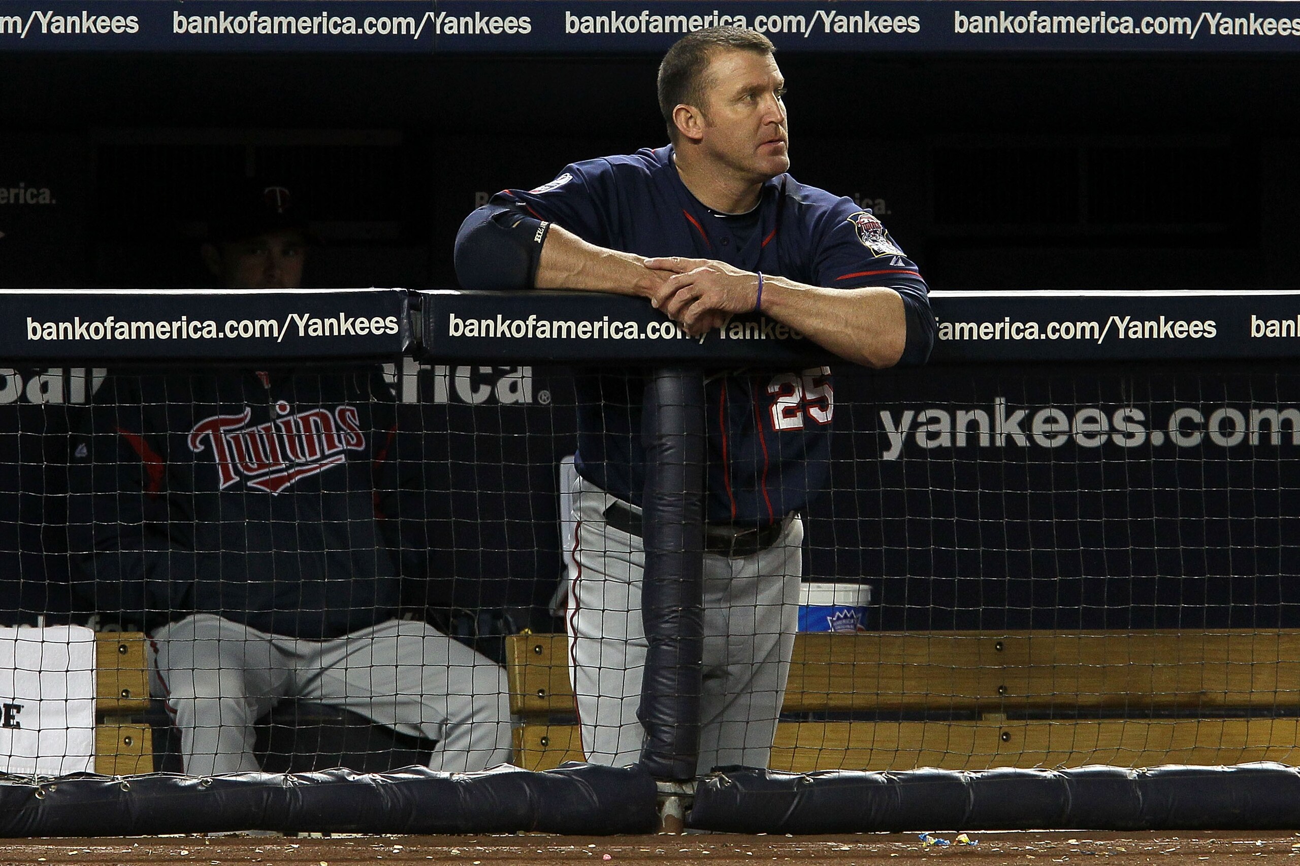 NEW YORK - OCTOBER 09: Jim Thome #25 of the Minnesota Twins looks on dejected from the dugout against the New York Yankees during Game Three of the ALDS part of the 2010 MLB Playoffs at Yankee Stadium on October 9, 2010 in the Bronx borough of New York NEW YORK - OCTOBER 09: Jim Thome #25 of the Minnesota Twins looks on dejected from the dugout against the New York Yankees during Game Three of the ALDS part of the 2010 MLB Playoffs at Yankee Stadium on October 9, 2010 in the Bronx borough of New York