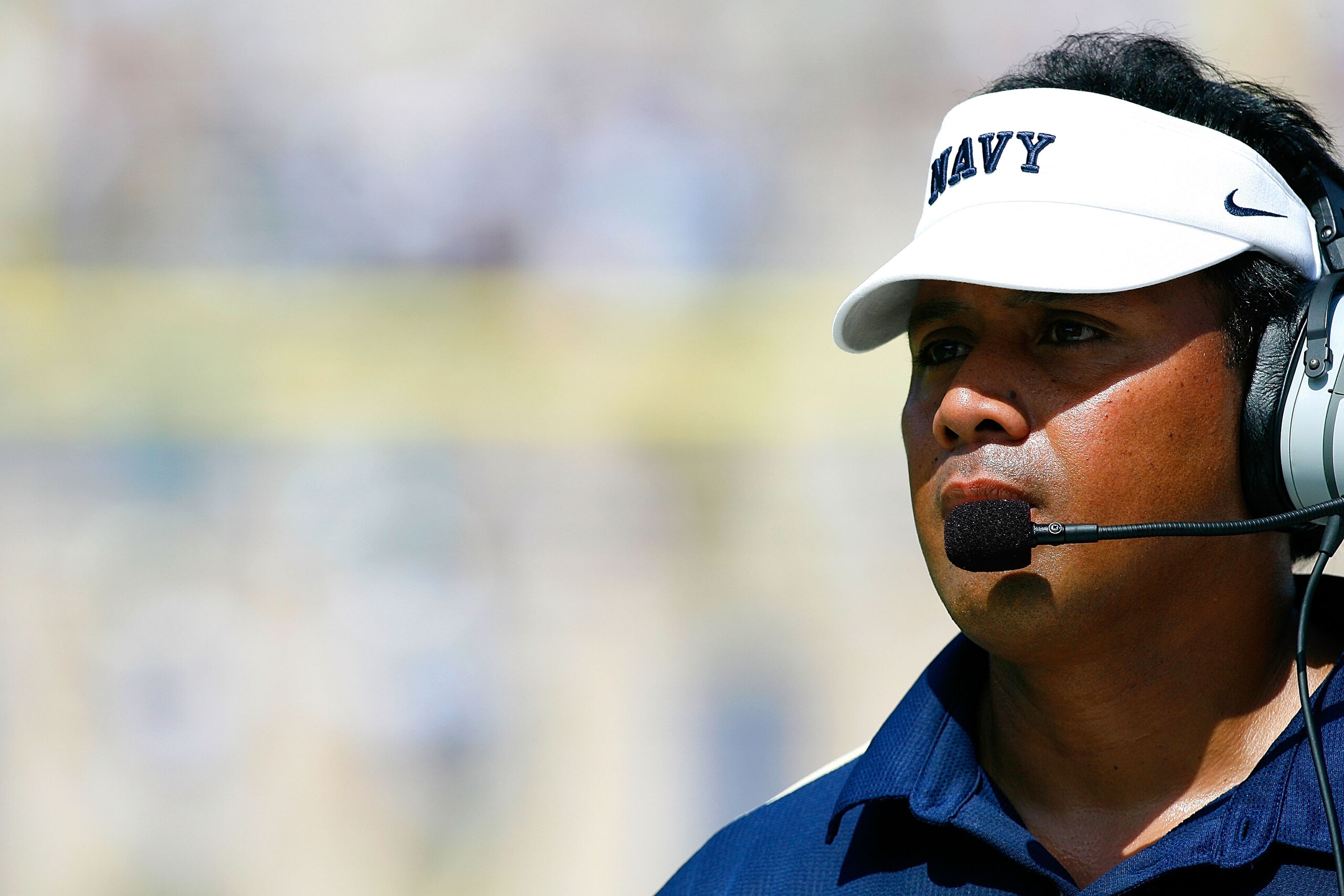 DURHAM, NC - SEPTEMBER 13:  Head coach Ken Niumatalolo of the Navy Midshipmen looks on against the Duke Blue Devils during the game at Wallace Wade Stadium on September 13, 2008 in Durham, North Carolina.  (Photo by Kevin C. Cox/Getty Images)