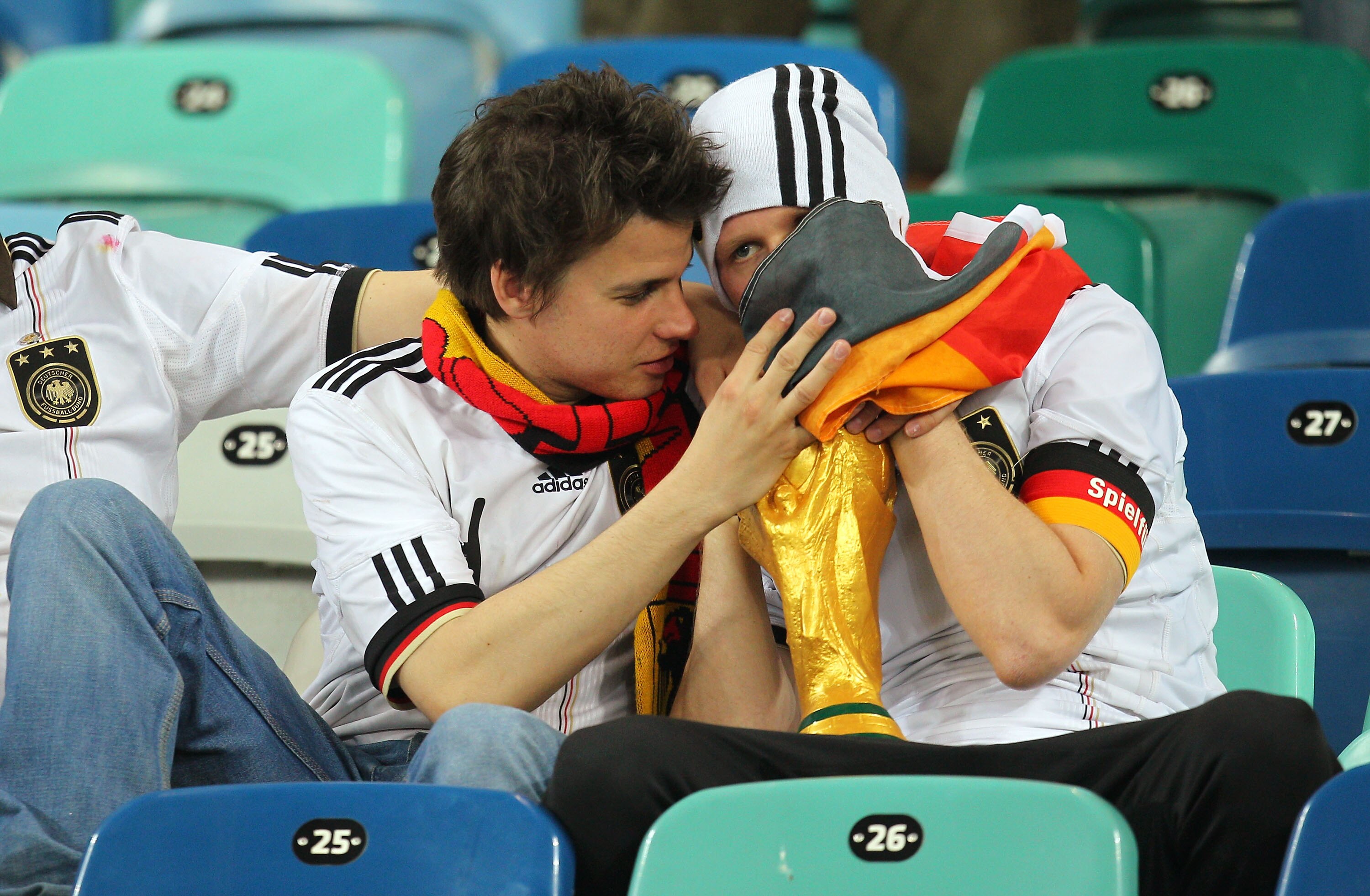 DURBAN, SOUTH AFRICA - JULY 07:  Germany fans show their dejection after being knocked out of the competition during the 2010 FIFA World Cup South Africa Semi Final match between Germany and Spain at Durban Stadium on July 7, 2010 in Durban, South Africa.