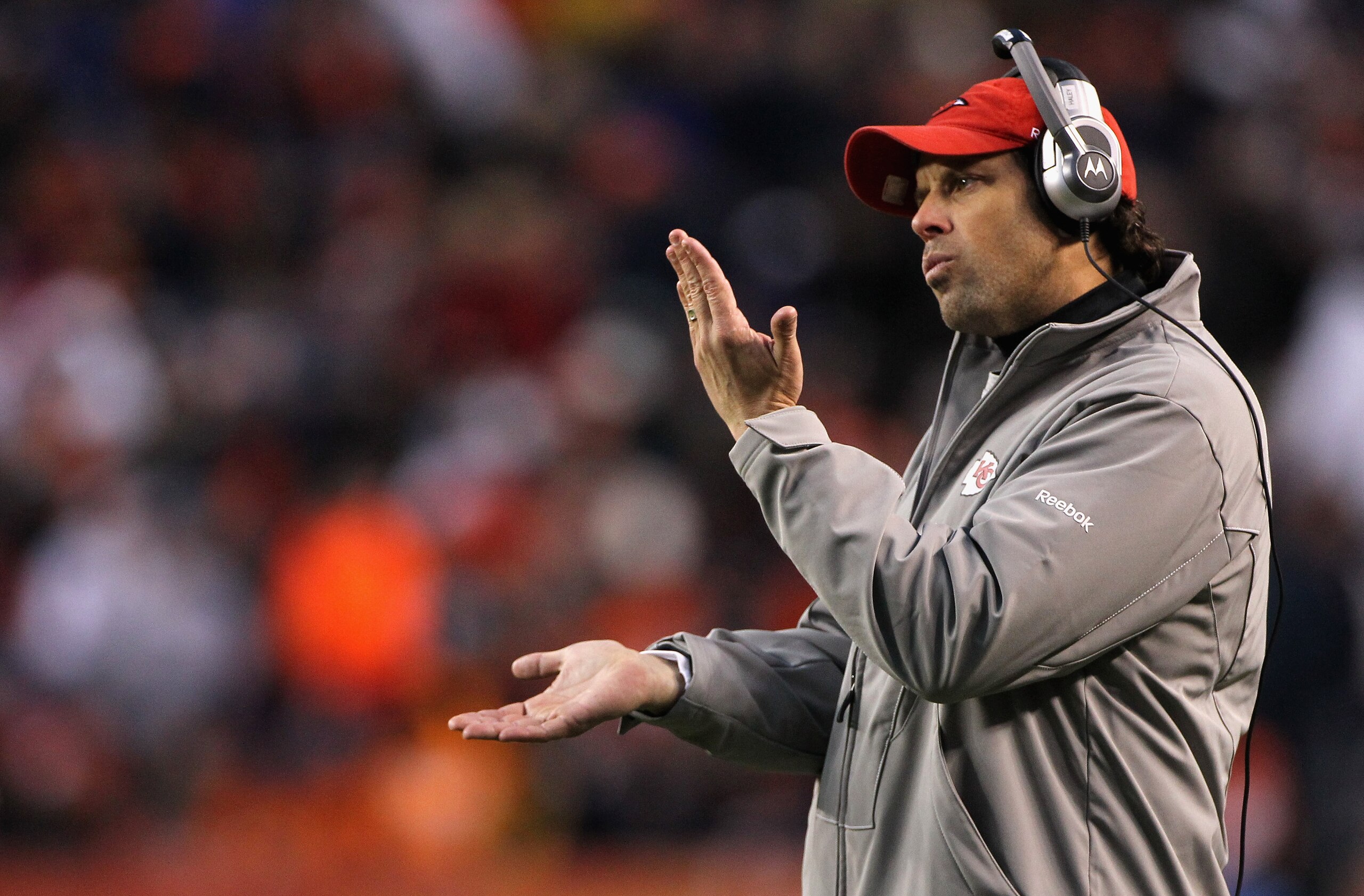 DENVER - NOVEMBER 14:  Head coach Todd Haley of the Kansas City Chiefs questions a call as they face the Denver Broncos at INVESCO Field at Mile High on November 14, 2010 in Denver, Colorado. The Broncos defeated the Chiefs 49-29.  (Photo by Doug Pensinge