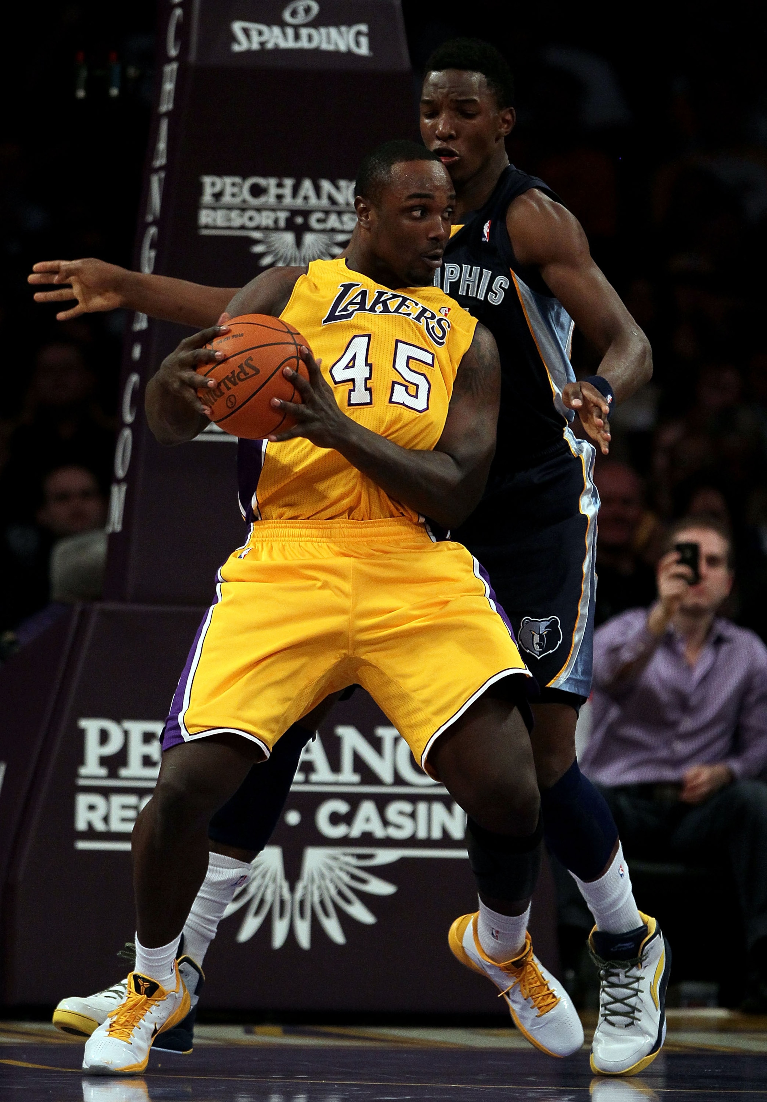 LOS ANGELES, CA - NOVEMBER 02:  Derrick Caracter #45 of the Los Angeles Lakers plays against the Memphis Grizzlies during the game at Staples Center on November 2, 2010 in Los Angeles, California. NOTE TO USER: User expressly acknowledges and agrees that,