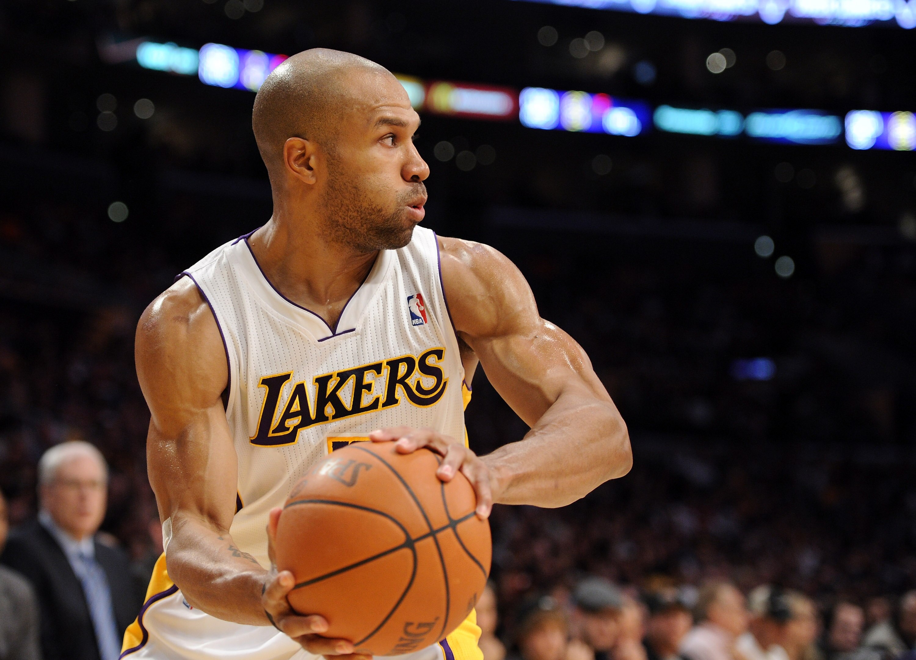 LOS ANGELES, CA - NOVEMBER 07:  Derek Fisher #2 of the Los Angeles Lakers grabs a rebound against the Portland Trail Blazers at the Staples Center on November 7, 2010 in Los Angeles, California.  NOTE TO USER: User expressly acknowledges and agrees that,