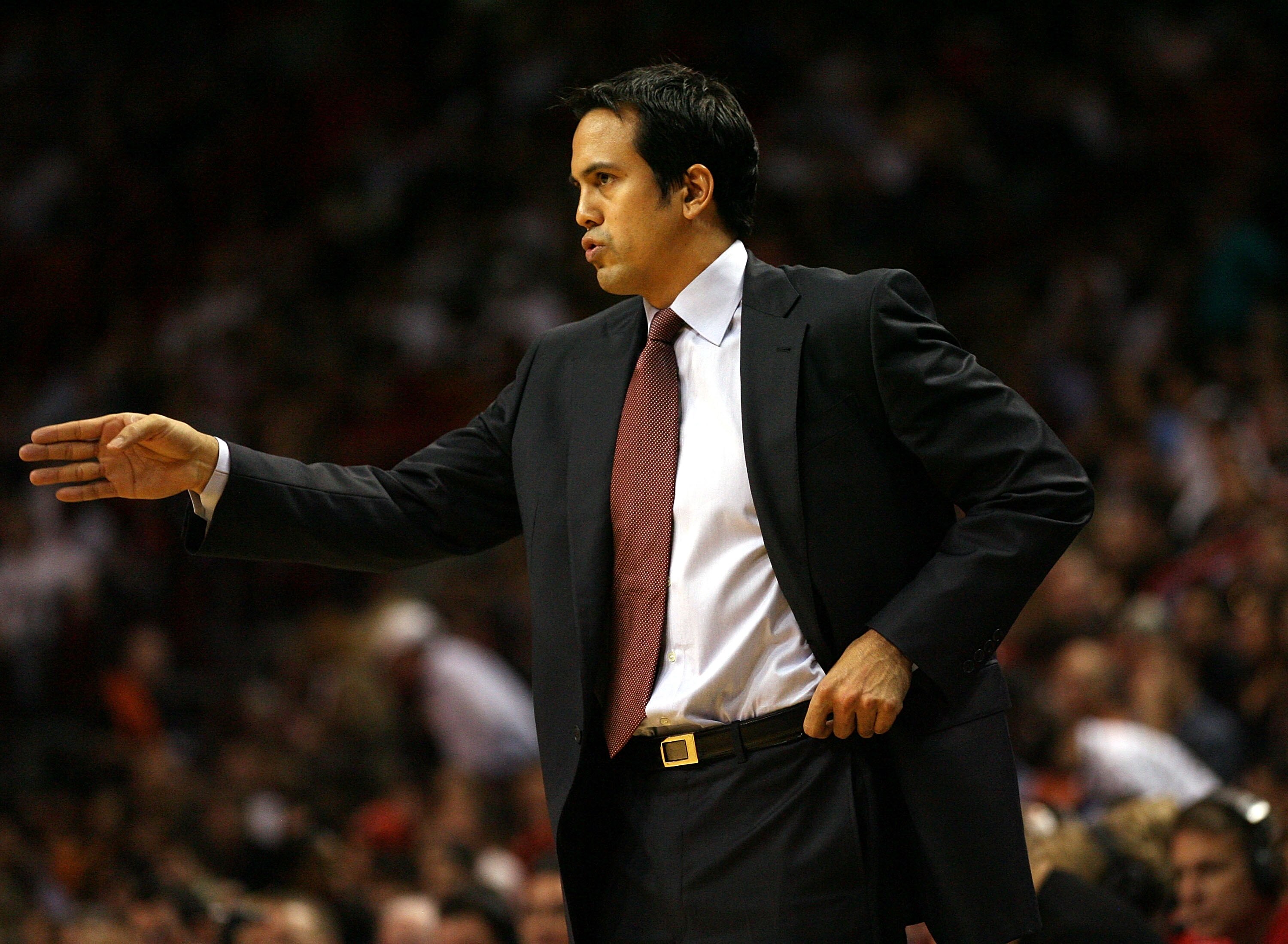 MIAMI - NOVEMBER 26:  Head coach Erik Spoelstra of the Miami Heat looks on against the Philadelphia 76ers at American Airlines Arena on November 26, 2010 in Miami, Florida.  (Photo by Marc Serota/Getty Images)