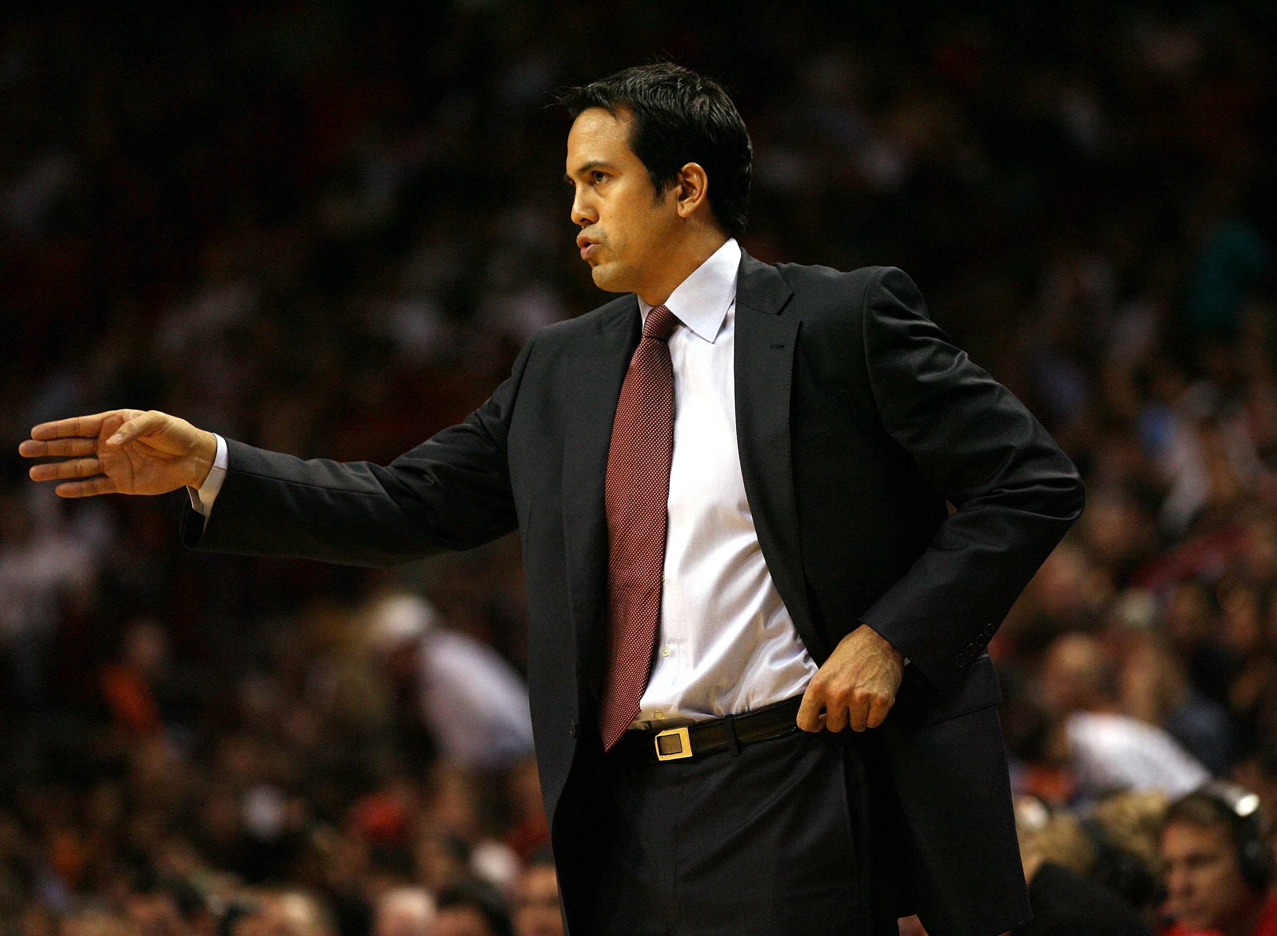 MIAMI - NOVEMBER 26:  Head coach Erik Spoelstra of the Miami Heat looks on against the Philadelphia 76ers at American Airlines Arena on November 26, 2010 in Miami, Florida.  (Photo by Marc Serota/Getty Images)