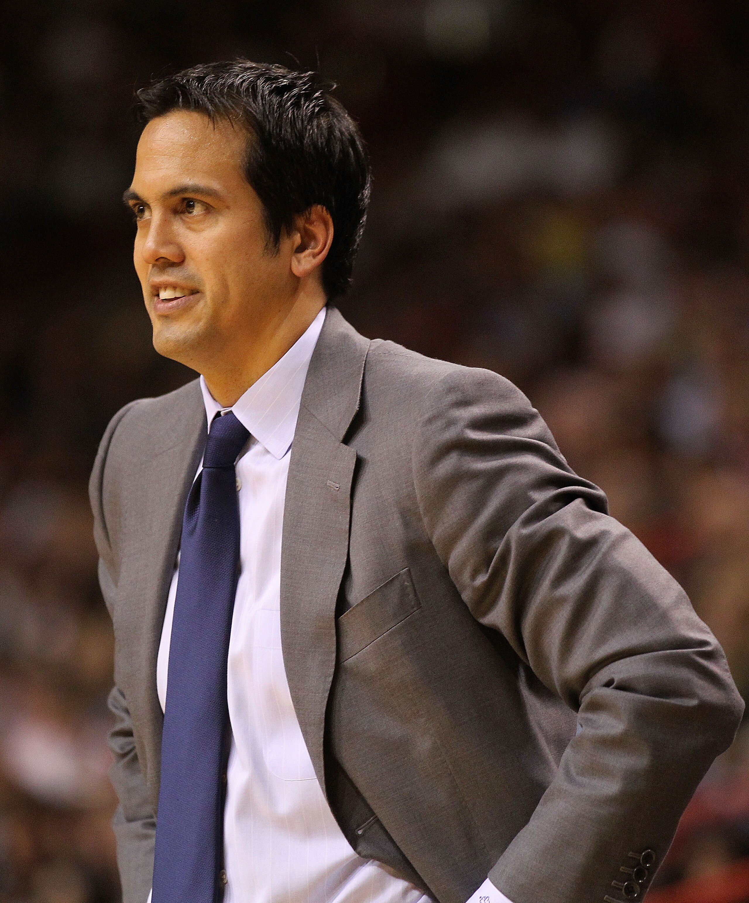MIAMI - NOVEMBER 22: Miami Heat head coach Erik Spoelstra looks on during a game against the Indiana Pacers at American Airlines Arena on November 22, 2010 in Miami, Florida. NOTE TO USER: User expressly acknowledges and agrees that, by downloading and/or