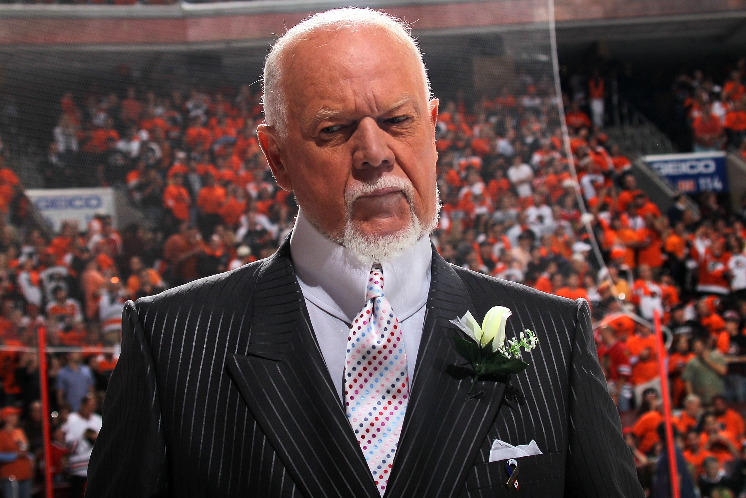 PHILADELPHIA - JUNE 09:  CBC sportscaster Don Cherry reports before Game Six of the 2010 NHL Stanley Cup Final between the Chicago Blackhawks and the Philadelphia Flyers at the Wachovia Center on June 9, 2010 in Philadelphia, Pennsylvania.  (Photo by Bruc