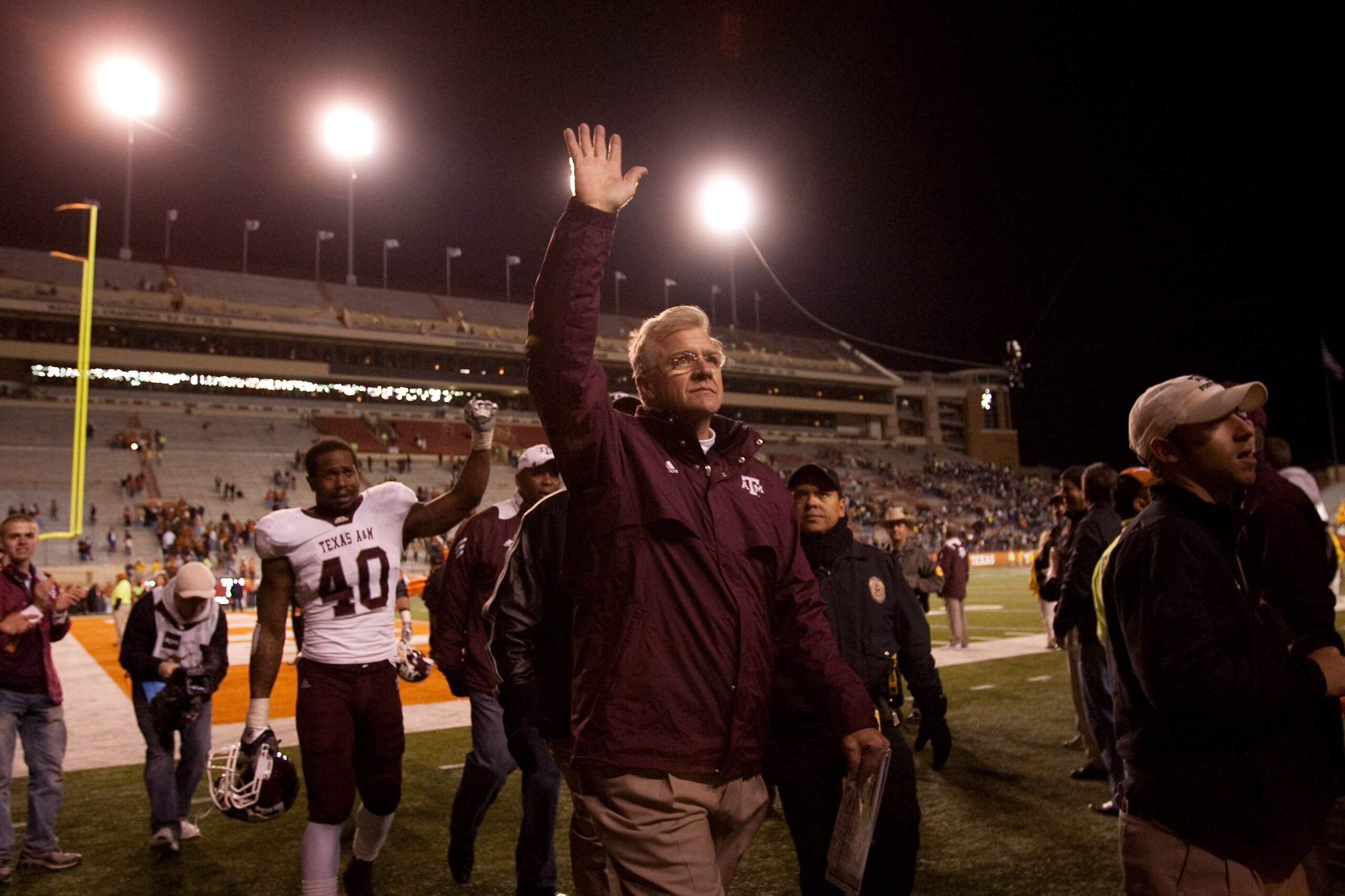 AUSTIN, TX - NOVEMBER 25:  Mike Sherman, head coach of Texas A&M, waves to fans following Texas A&M's 24-17 win over the University of Texas at Darrell K. Royal-Texas Memorial Stadium on November 25, 2010 in Austin, Texas. (Photo by Darren Carroll/Getty I
