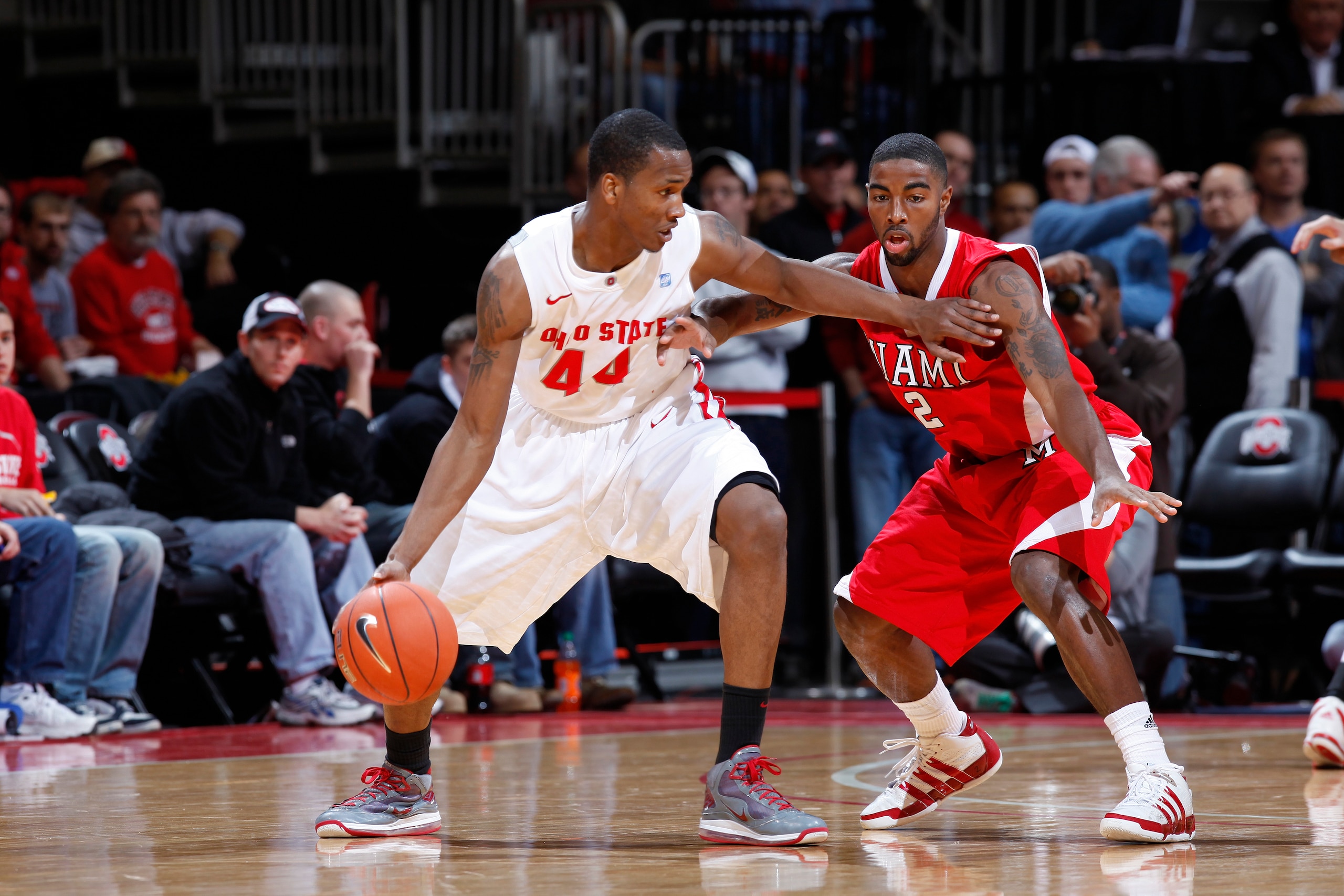 COLUMBUS, OH - NOVEMBER 26: William Buford #44 of the Ohio State Buckeyes tries to get to the basket against Quinten Rollins #2 of the Miami RedHawks at Value City Arena on November 26, 2010 in Columbus, Ohio. Ohio State won 66-45. (Photo by Joe Robbins/G COLUMBUS, OH - NOVEMBER 26: William Buford #44 of the Ohio State Buckeyes tries to get to the basket against Quinten Rollins #2 of the Miami RedHawks at Value City Arena on November 26, 2010 in Columbus, Ohio. Ohio State won 66-45. (Photo by Joe Robbins/G