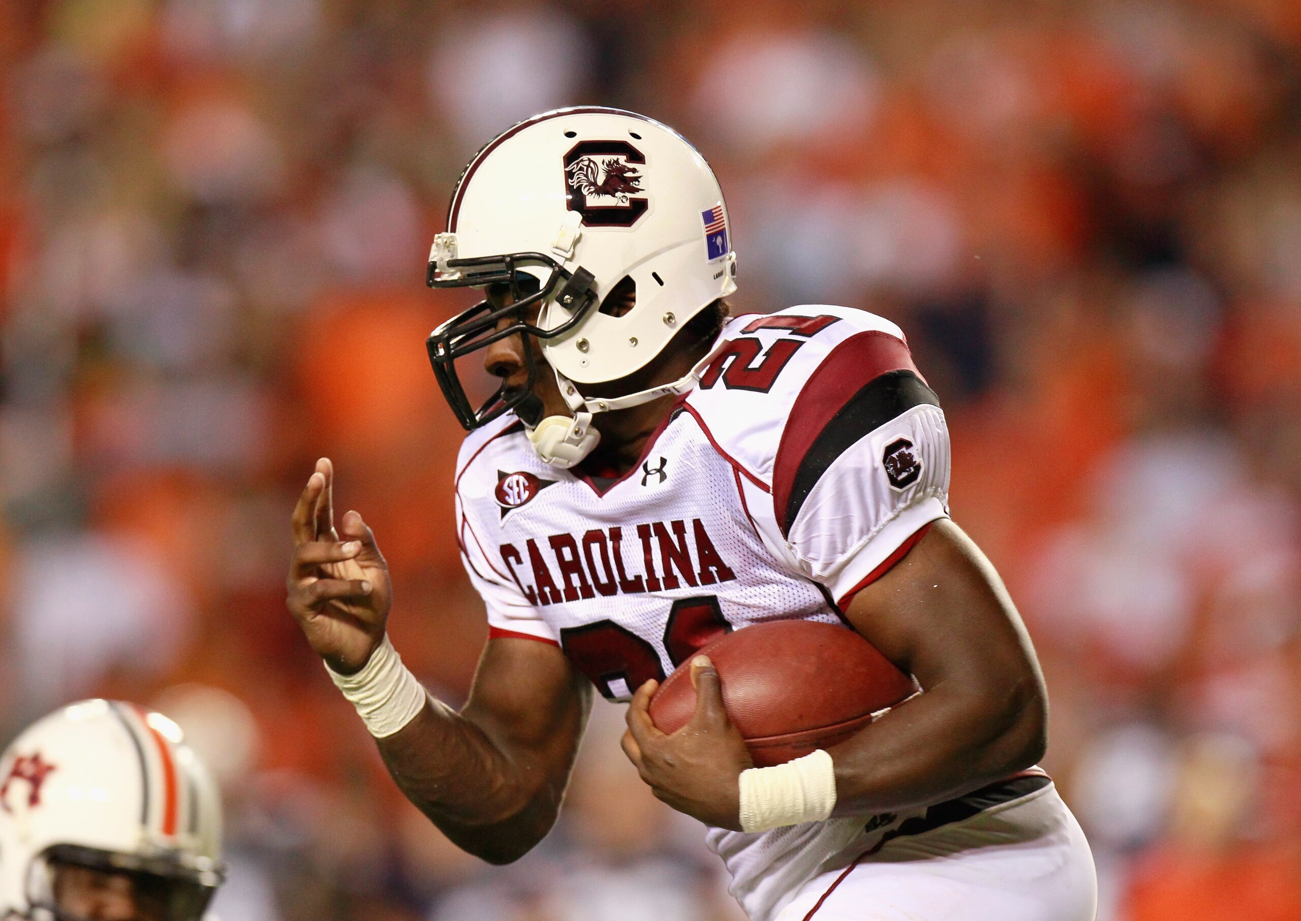 AUBURN, AL - SEPTEMBER 25: Marcus Lattimore #21 of the South Carolina Gamecocks against the Auburn Tigers at Jordan-Hare Stadium on September 25, 2010 in Auburn, Alabama. (Photo by Kevin C. Cox/Getty Images) AUBURN, AL - SEPTEMBER 25: Marcus Lattimore #21 of the South Carolina Gamecocks against the Auburn Tigers at Jordan-Hare Stadium on September 25, 2010 in Auburn, Alabama. (Photo by Kevin C. Cox/Getty Images)