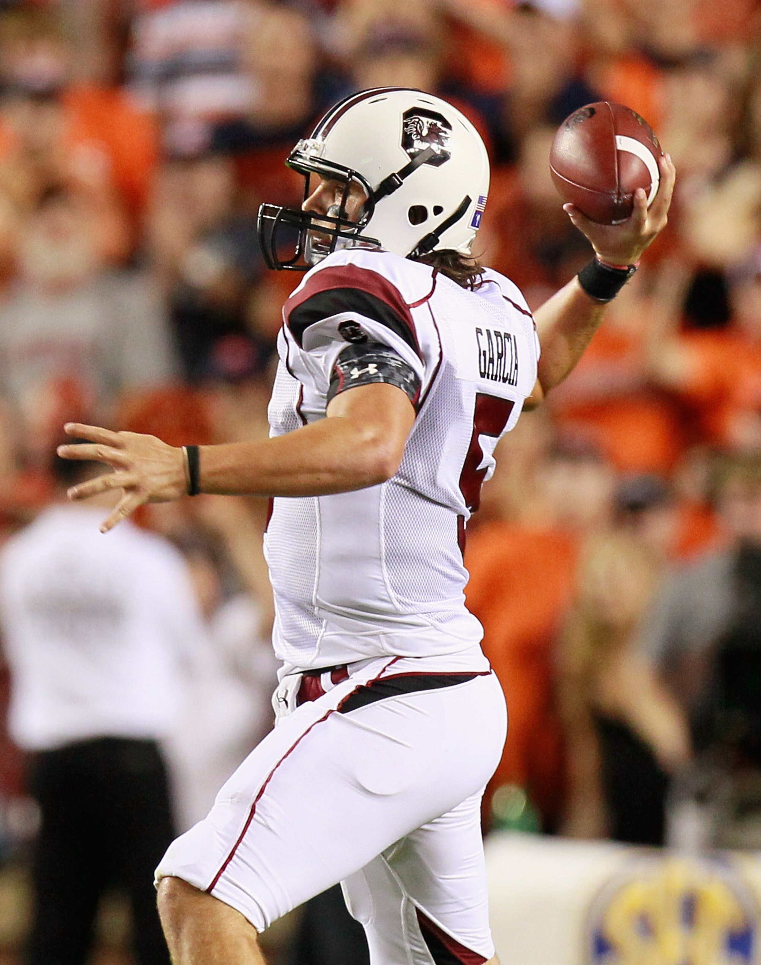 AUBURN, AL - SEPTEMBER 25: Quarterback Stephen Garcia #5 of the South Carolina Gamecocks against the Auburn Tigers at Jordan-Hare Stadium on September 25, 2010 in Auburn, Alabama. (Photo by Kevin C. Cox/Getty Images) AUBURN, AL - SEPTEMBER 25: Quarterback Stephen Garcia #5 of the South Carolina Gamecocks against the Auburn Tigers at Jordan-Hare Stadium on September 25, 2010 in Auburn, Alabama. (Photo by Kevin C. Cox/Getty Images)
