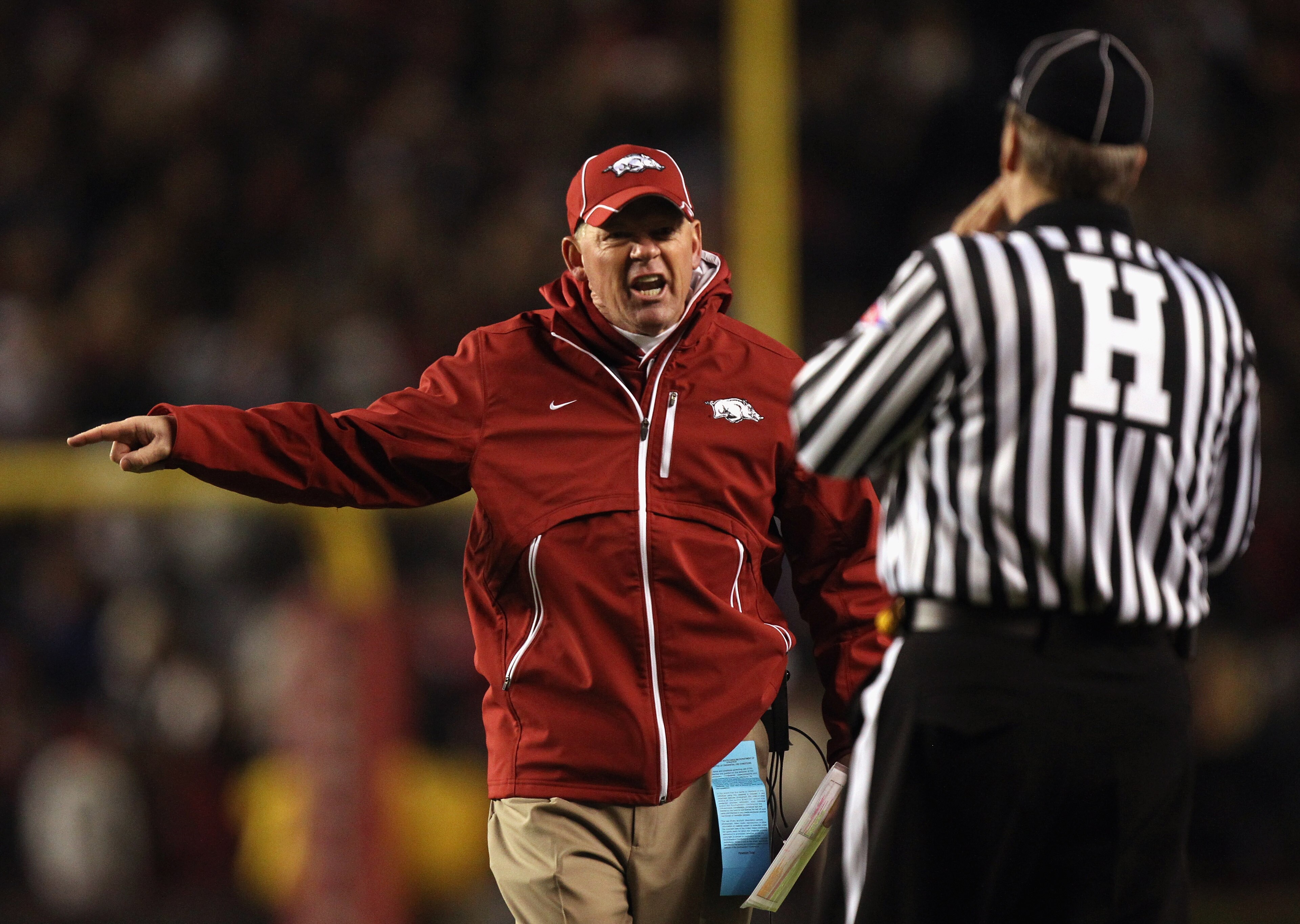 COLUMBIA, SC - NOVEMBER 06:  Head coach Bobby Petrino of the Arkansas Razorbacks reacts to a call against the South Carolina Gamecocks at Williams-Brice Stadium on November 6, 2010 in Columbia, South Carolina.  (Photo by Streeter Lecka/Getty Images)