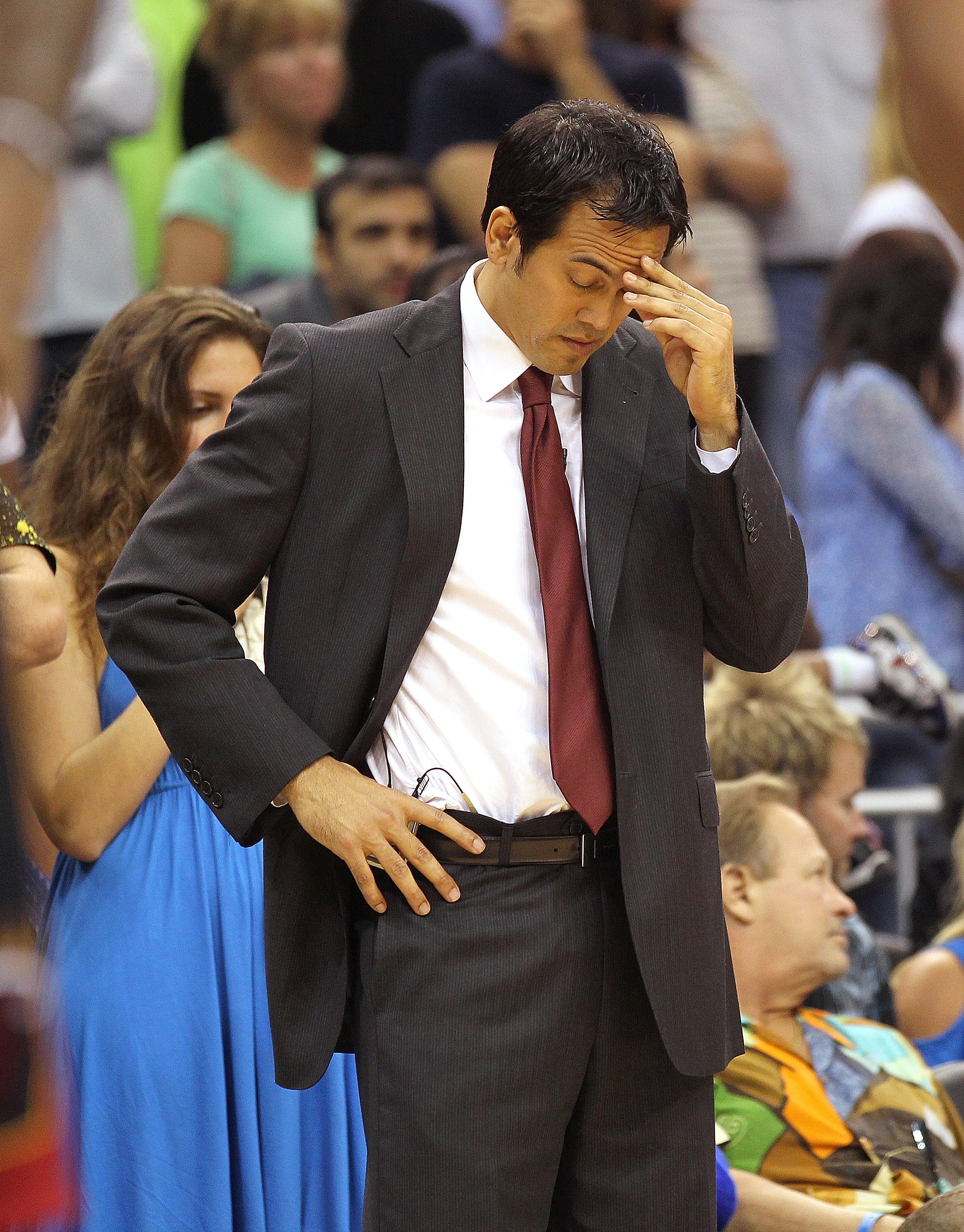 ORLANDO, FL - NOVEMBER 24:  Miami Heat head coach Erik Spoelstra reacts during a game against the Orlando Magic at Amway Arena on November 24, 2010 in Orlando, Florida. NOTE TO USER: User expressly acknowledges and agrees that, by downloading and/or using