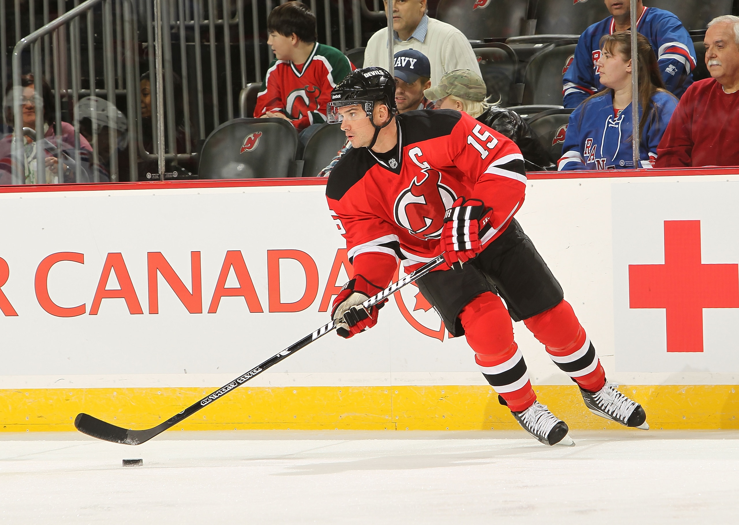 NEWARK, NJ - NOVEMBER 05:  Jamie Langenbrunner #15 of the New Jersey Devils skates against the New York Rangers at the Prudential Center on November 5, 2010 in Newark, New Jersey.  (Photo by Nick Laham/Getty Images)