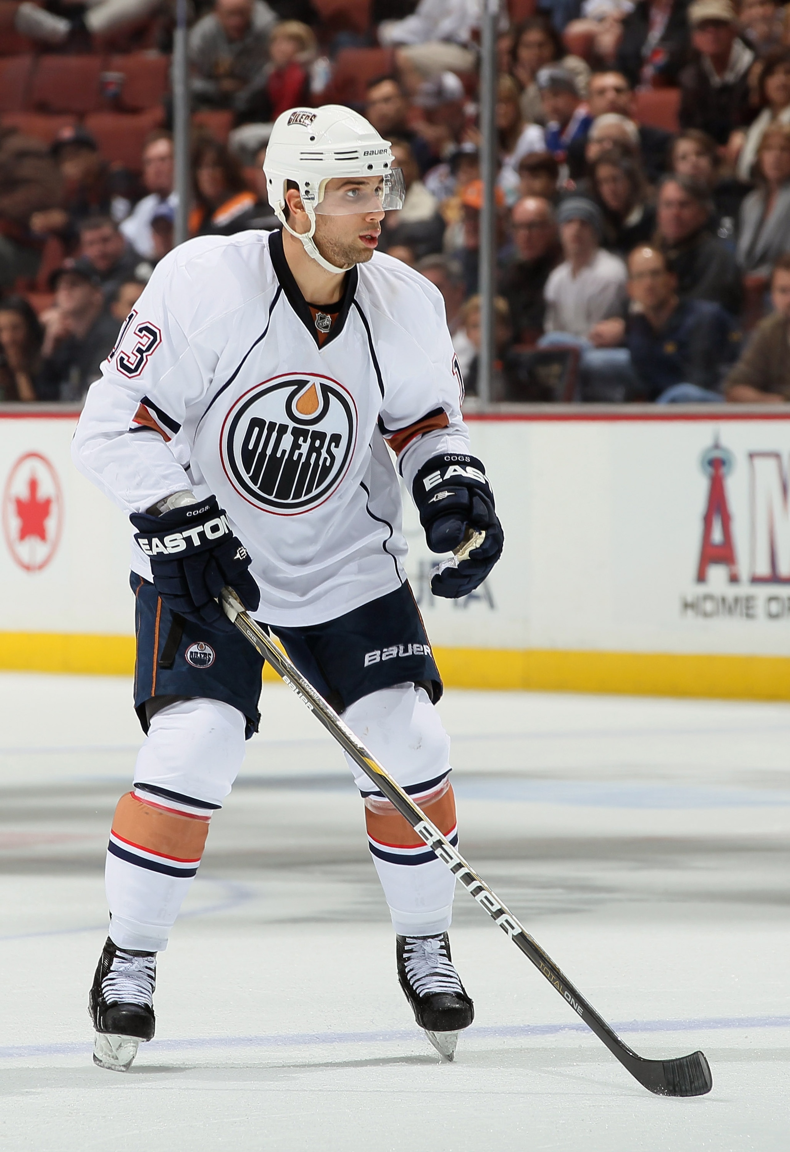 ANAHEIM, CA - NOVEMBER 21:  Andrew Cogliano #13 of the Edmonton Oilers skates against the Anaheim Ducks at the Honda Center on November 21, 2010 in Anaheim, California.  (Photo by Jeff Gross/Getty Images)