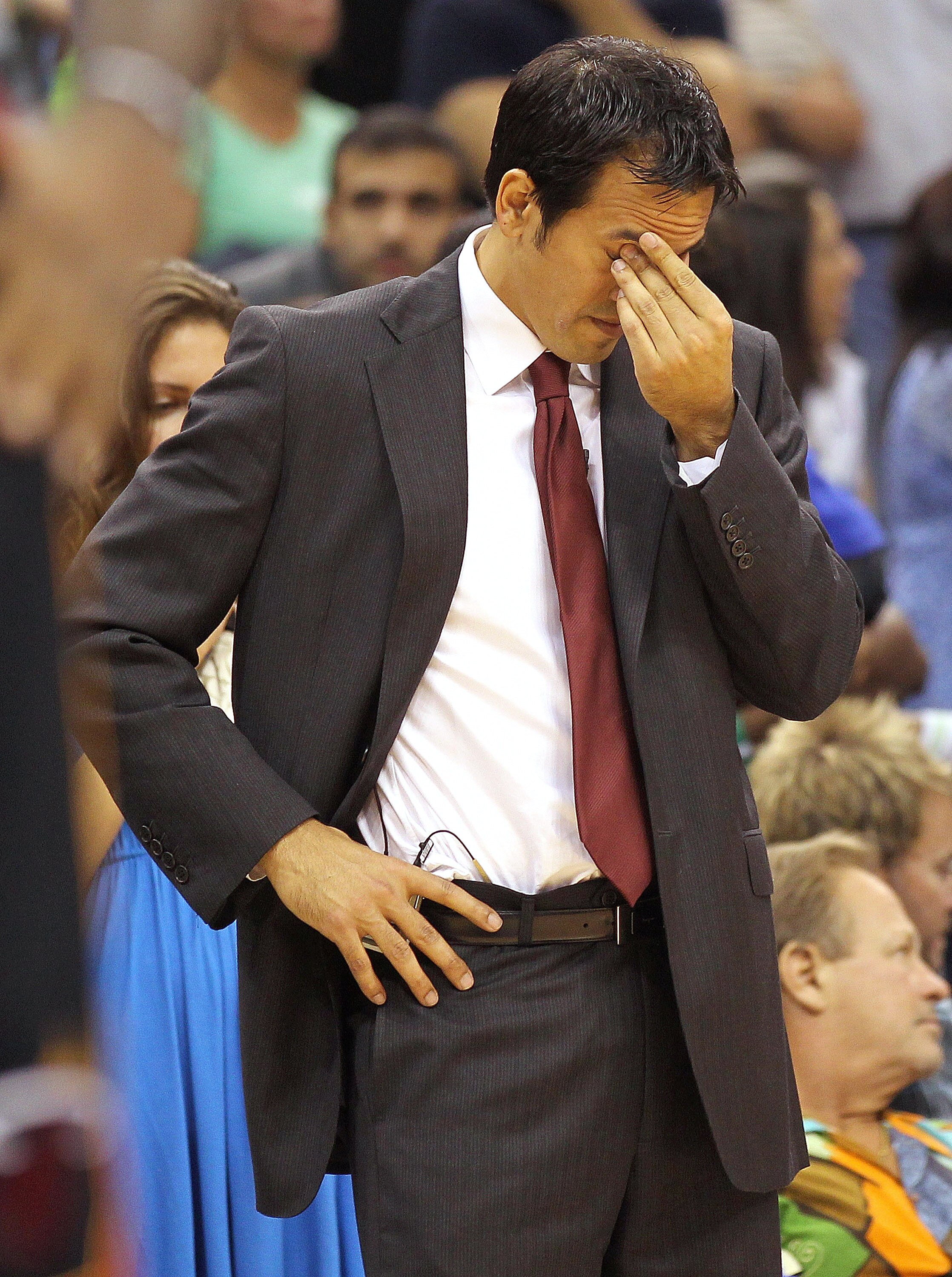 ORLANDO, FL - NOVEMBER 24: Miami Heat head coach Erik Spoelstra reacts during a game against the Orlando Magic at Amway Arena on November 24, 2010 in Orlando, Florida. NOTE TO USER: User expressly acknowledges and agrees that, by downloading and/or using