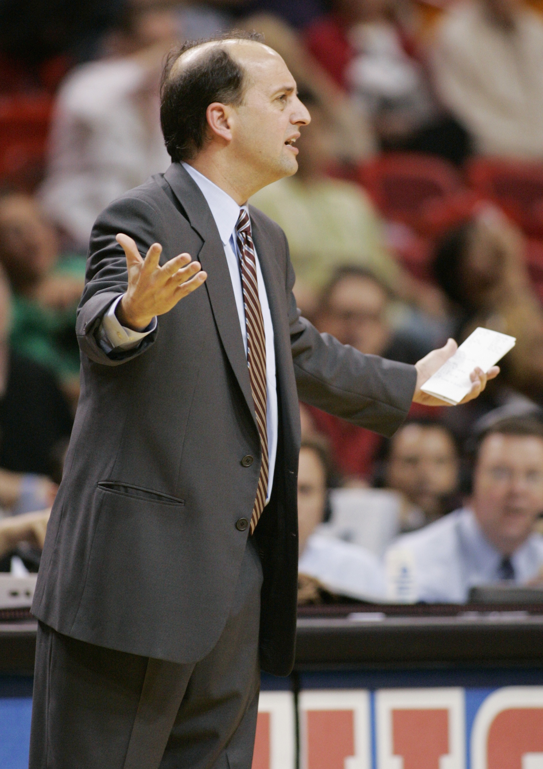 MIAMI - JANUARY 30:  Head coach Jeff Van Gundy of the Houston Rockets reacts during the game against the Miami Heat on January 30, 2005 at the American Airlines Arena in Miami, Florida. The Heat won 104-95. NOTE TO USER: User expressly acknowledges and ag